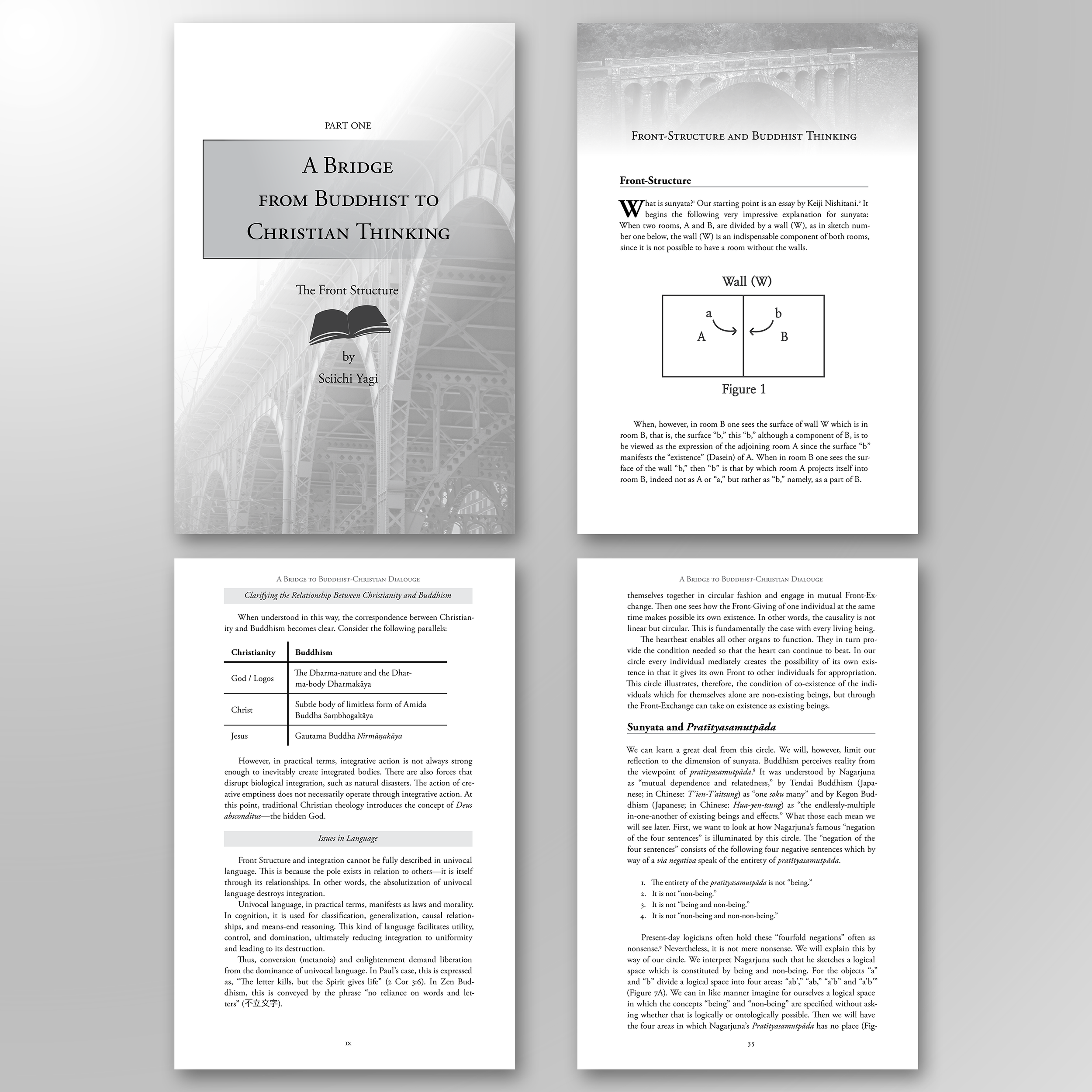 A BRIDGE TO BUDDHIST-CHRISTIAN THINKING. A complex design featuring numerous figures and extensive endnotes. While the content is philosophical and scholarly, I incorporated a few design elements—such as photos of bridges—to make the interior feel mo