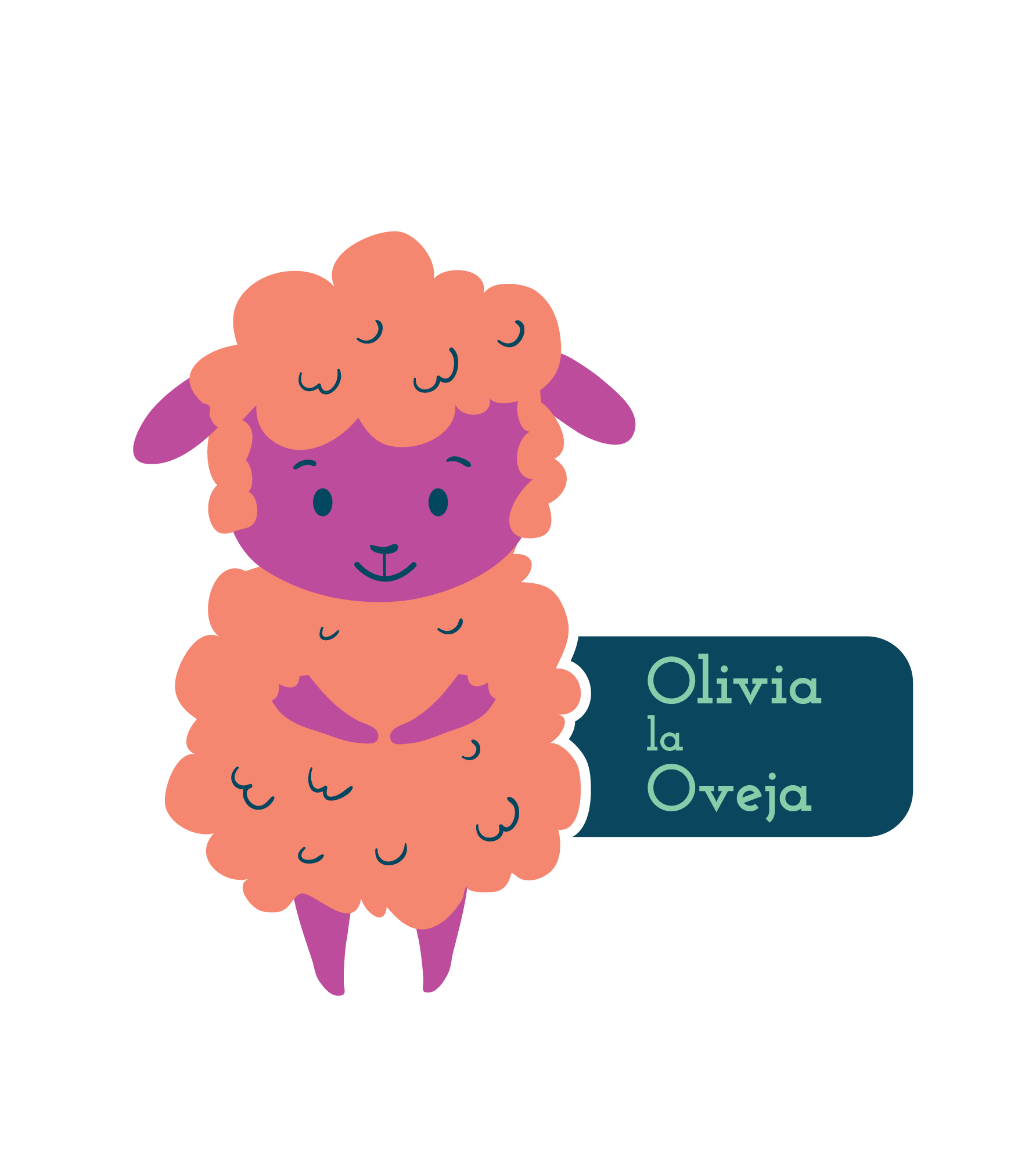 Cute cartoon illustration of a purple sheep with pink curly wool, standing on two legs with a playful expression, and a dark blue label to the right that reads 'Olivia la Oveja'.