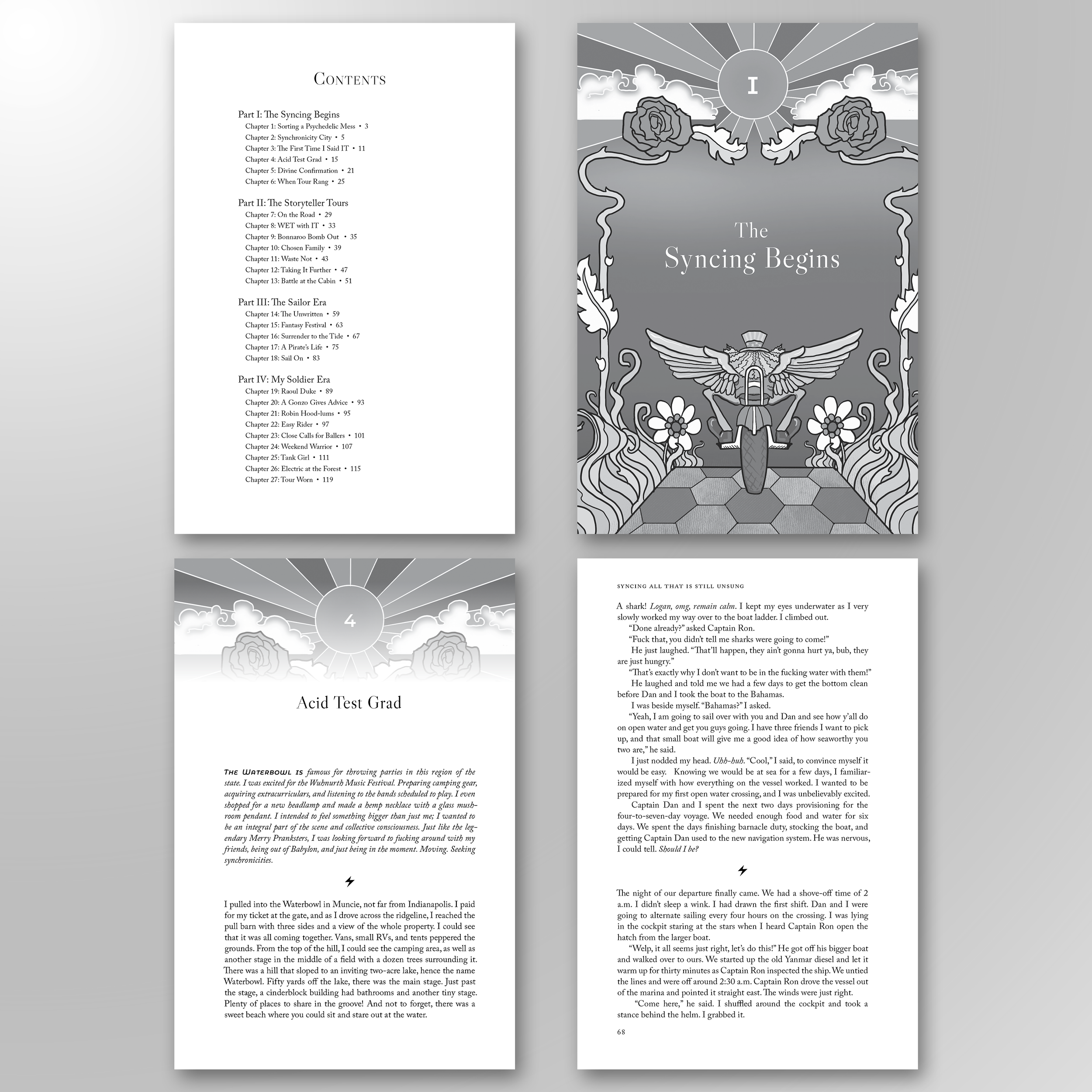 SYNCING ALL THAT IS STILL UNSUNG. A powerful memoir about Logan Lad's life, about him chasing bands, following synchronicities, riding motorcycles, and finding a career amongst addiction and getting sober. The book cover was designed by Erin Cadigan,