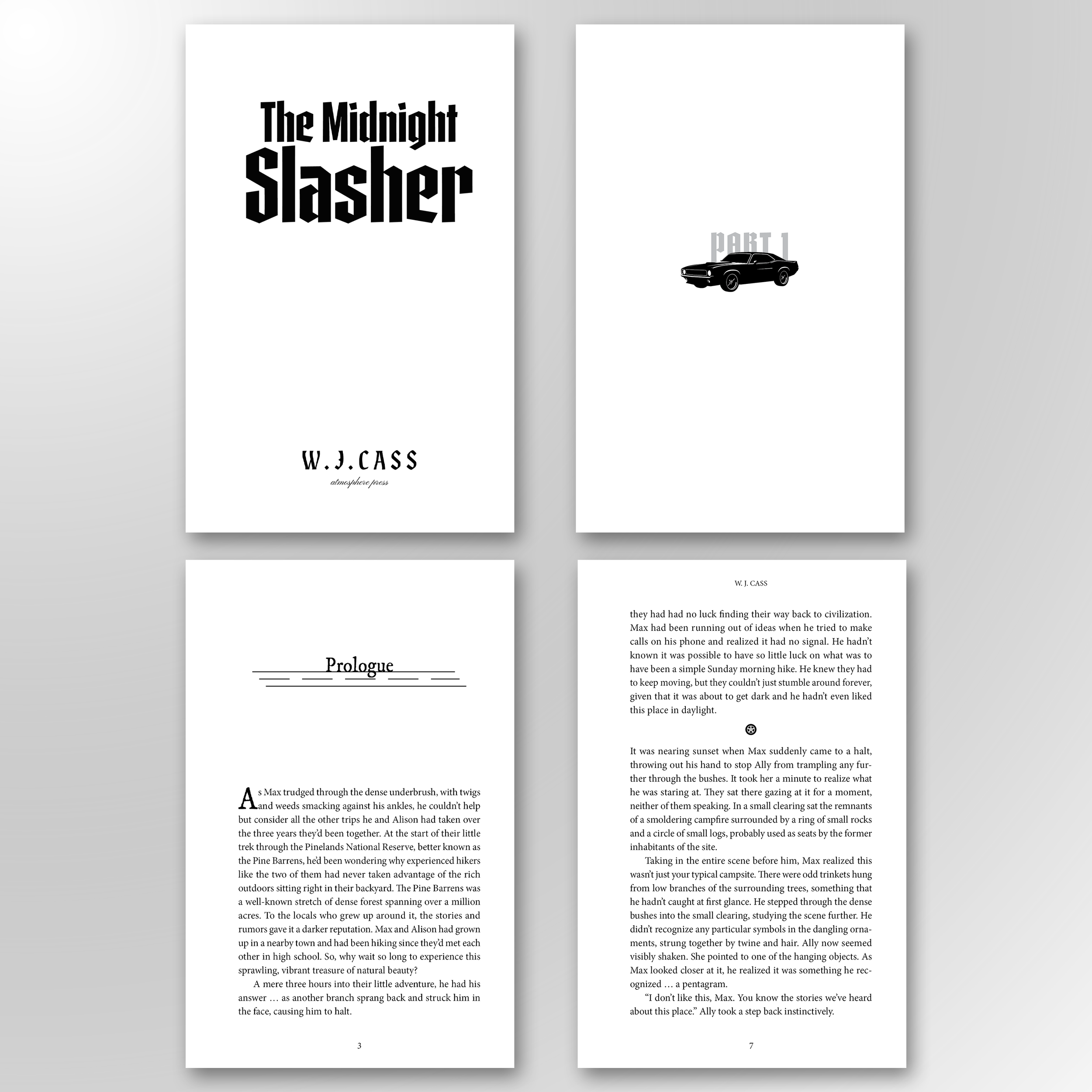 THE MIDNIGHT SLASHER. A horror mystery centered on a killer who prowls the streets in a 1960s muscle car. This was one of my first interior book designs for Atmosphere Press. To reinforce the car motif, I incorporated an iconic Chevy graphic for sect