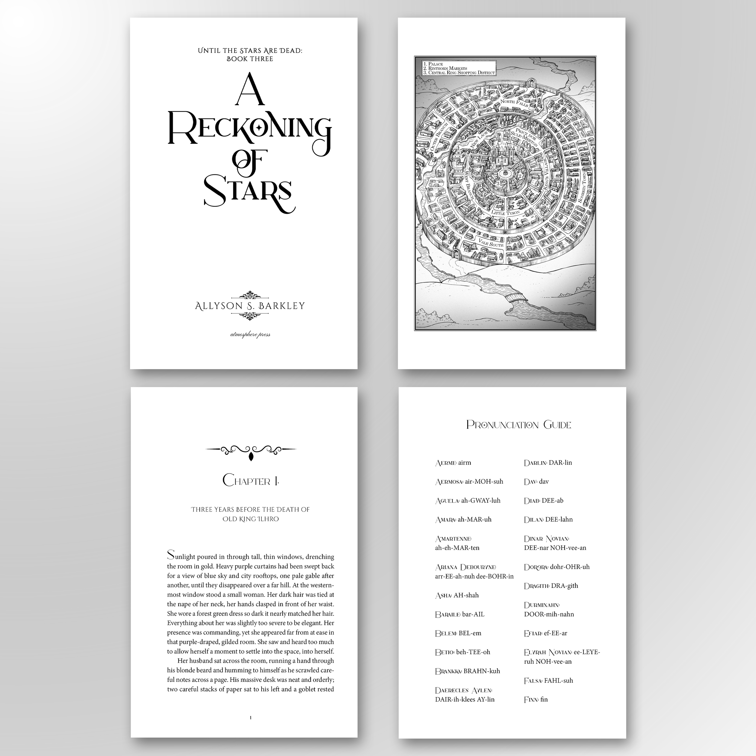 A RECKONING OF STARS. The third 900-page installment in Allyson Barkley’s epic fantasy series. This interior was designed to remain consistent with the visual style established in the previous books while incorporating detailed maps, pronunciation gu
