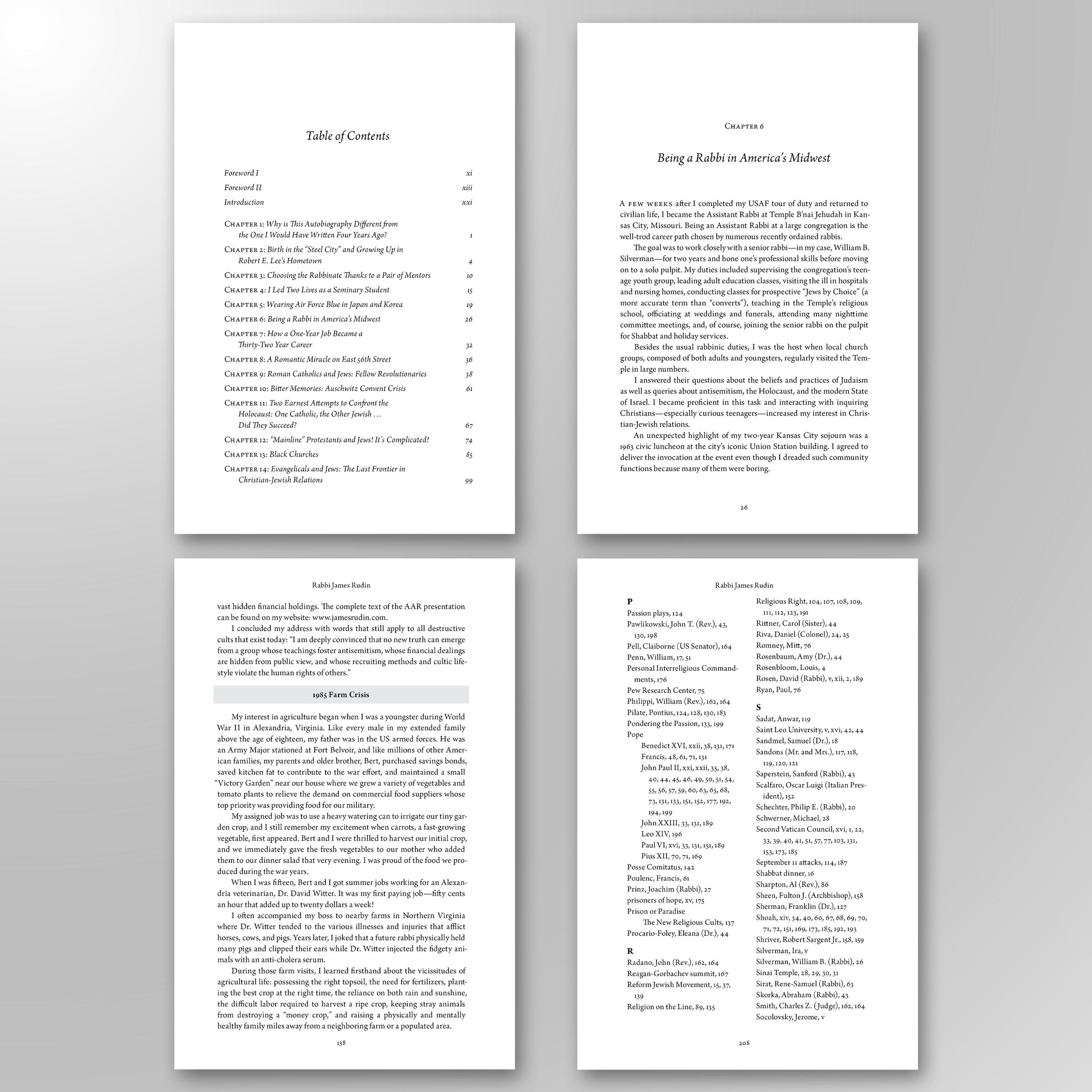 Open book with contents list on the left page and text on the right page, displaying a chapter about being a rabbi in America's Midwest.