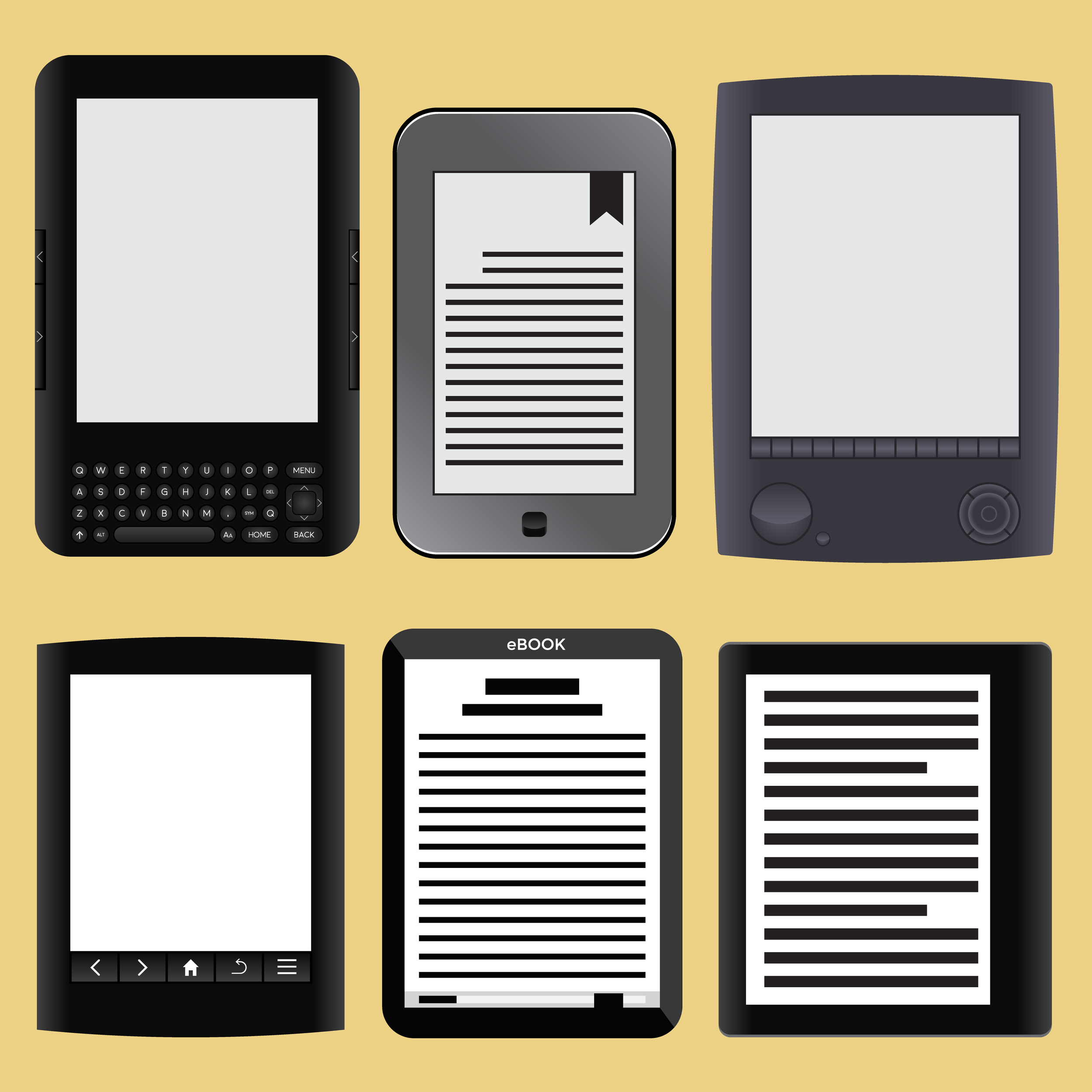 Six electronic devices on a yellow background: a smartphone with a keyboard, a smartphone with text and a bookmark icon, an e-reader displaying an ebook, a smartphone with navigation icons, an e-reader with text labeled 'eBOOK', and another e-reader with text.