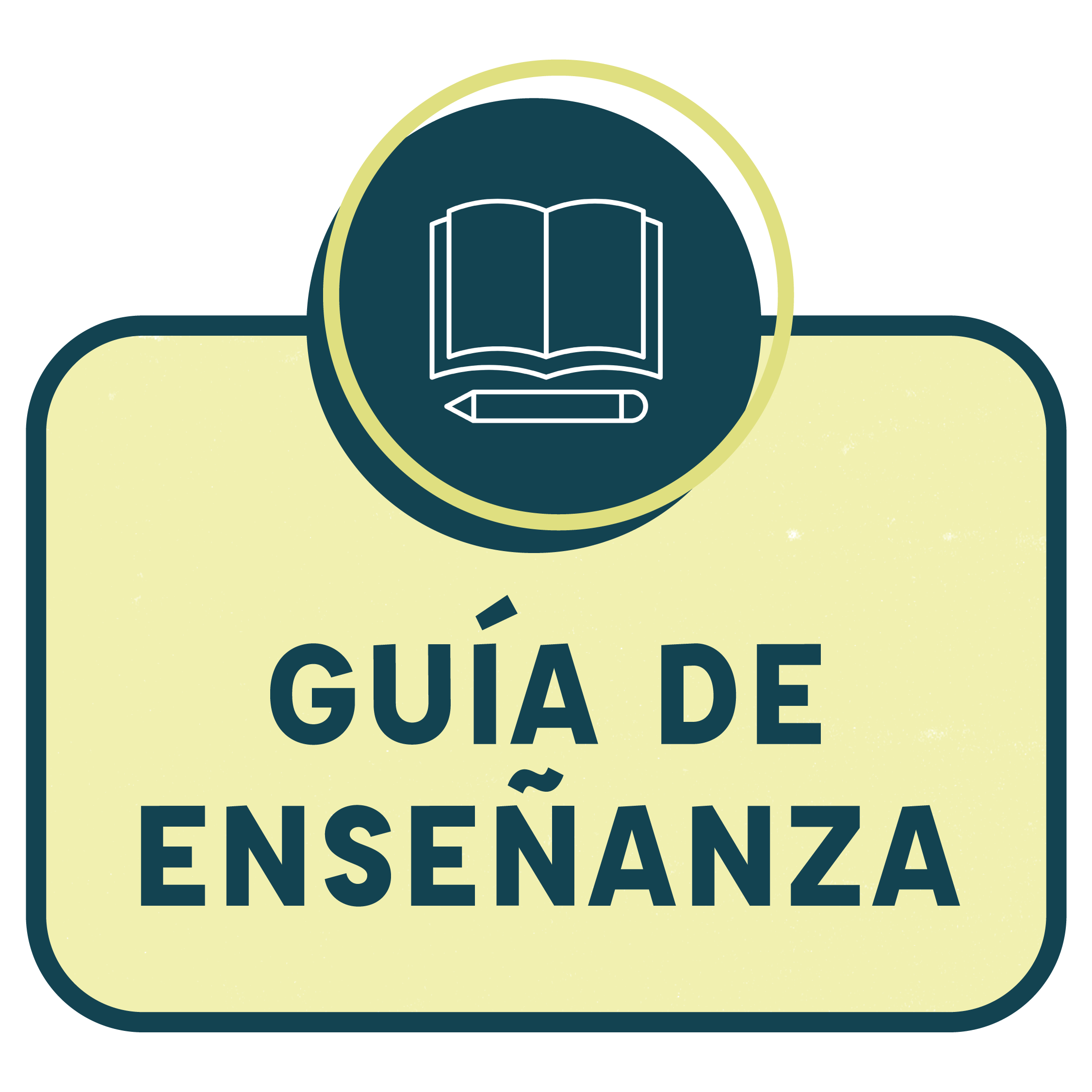 A logo with a light yellow background and dark blue border, featuring an icon of a book and pencil inside a circle at the top, and the text "GUÍA DE ENSEÑANZA" in bold capital letters below.