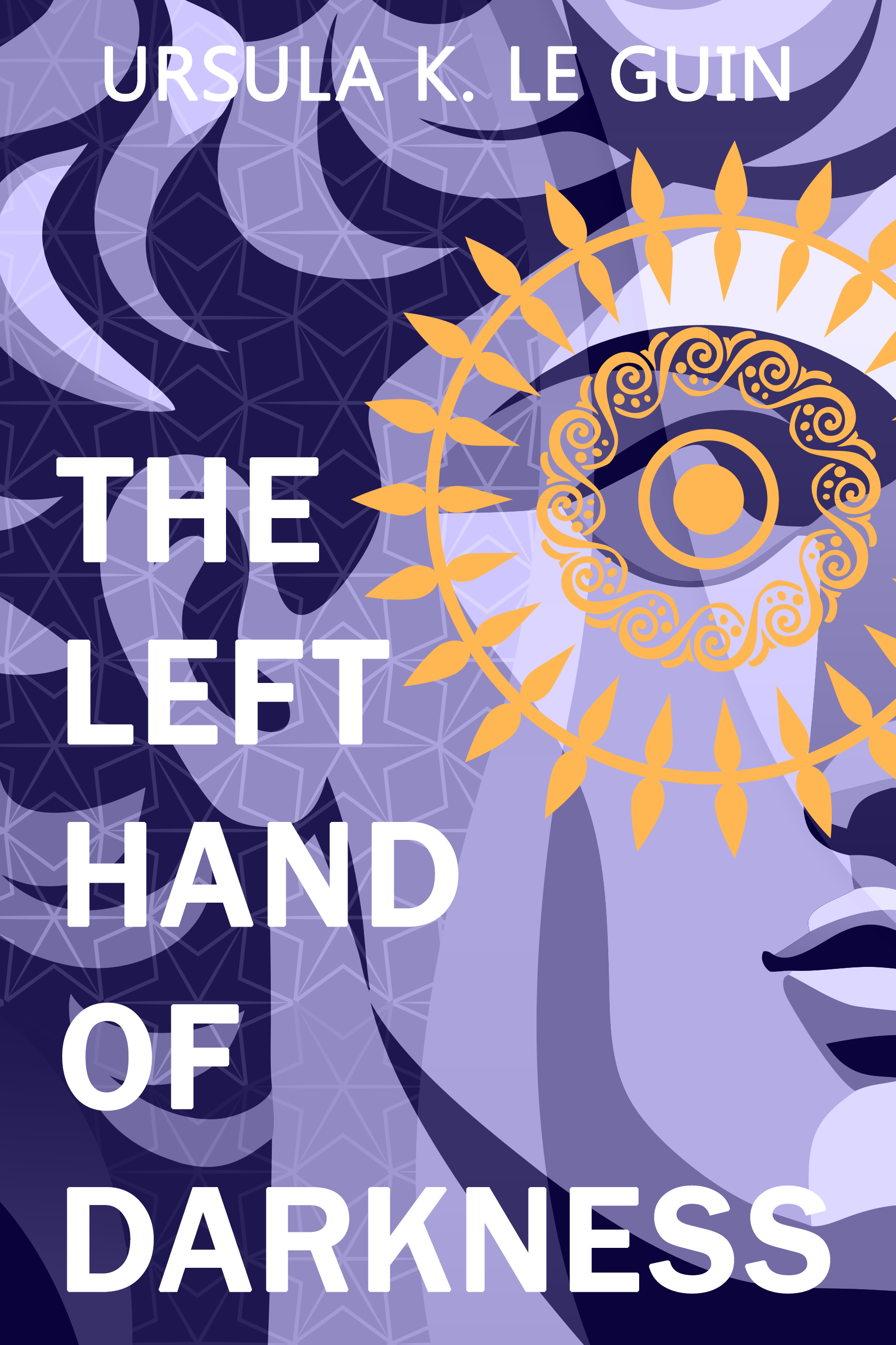 Book cover titled 'The Left Hand of Darkness' by Ursula K. Le Guin with abstract geometric and floral design in shades of purple, black, and gold.