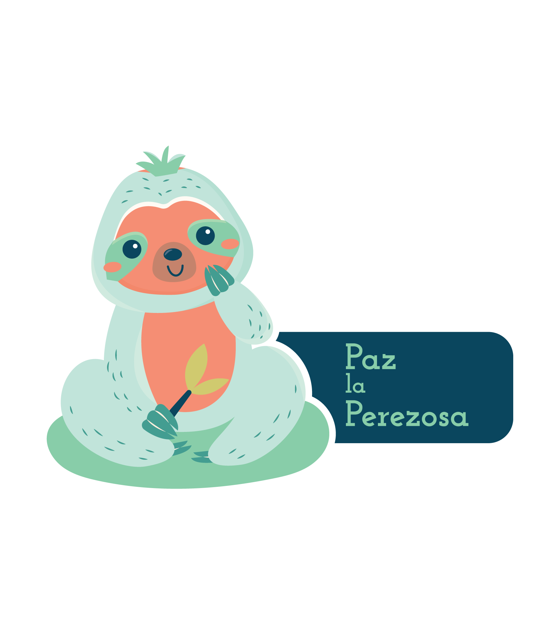 Cute cartoon sloth dressed as a pineapple, sitting on a green surface, holding a small plant, with a text box that reads 'Paz la Perezosa' in Spanish.