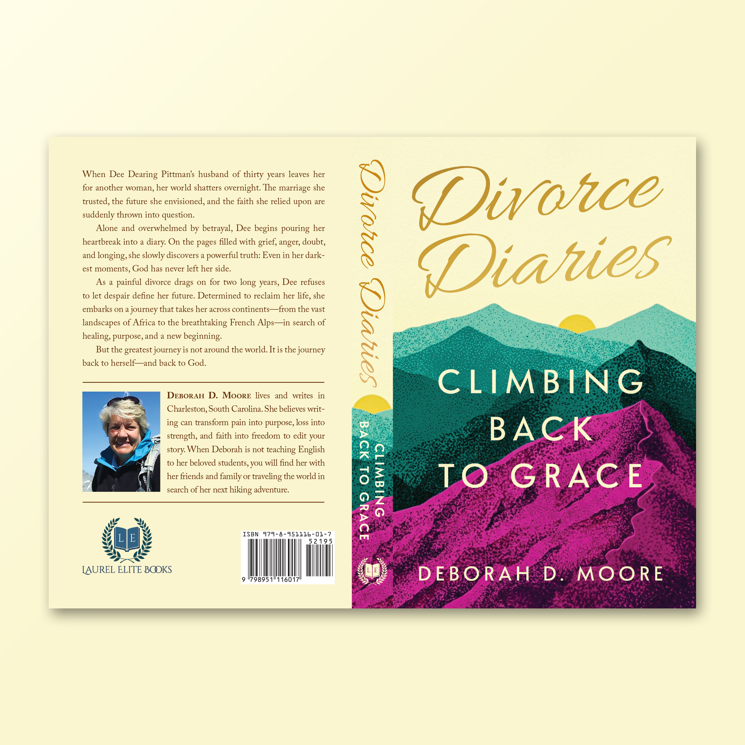 DIVORCE DIARIES: CLIMBING BACK TO GRACE. A fictionalized memoir that blends contemporary women’s fiction with Christian fiction. This design was one of several concepts I presented to the author and was ultimately selected for its hopeful, inspiratio