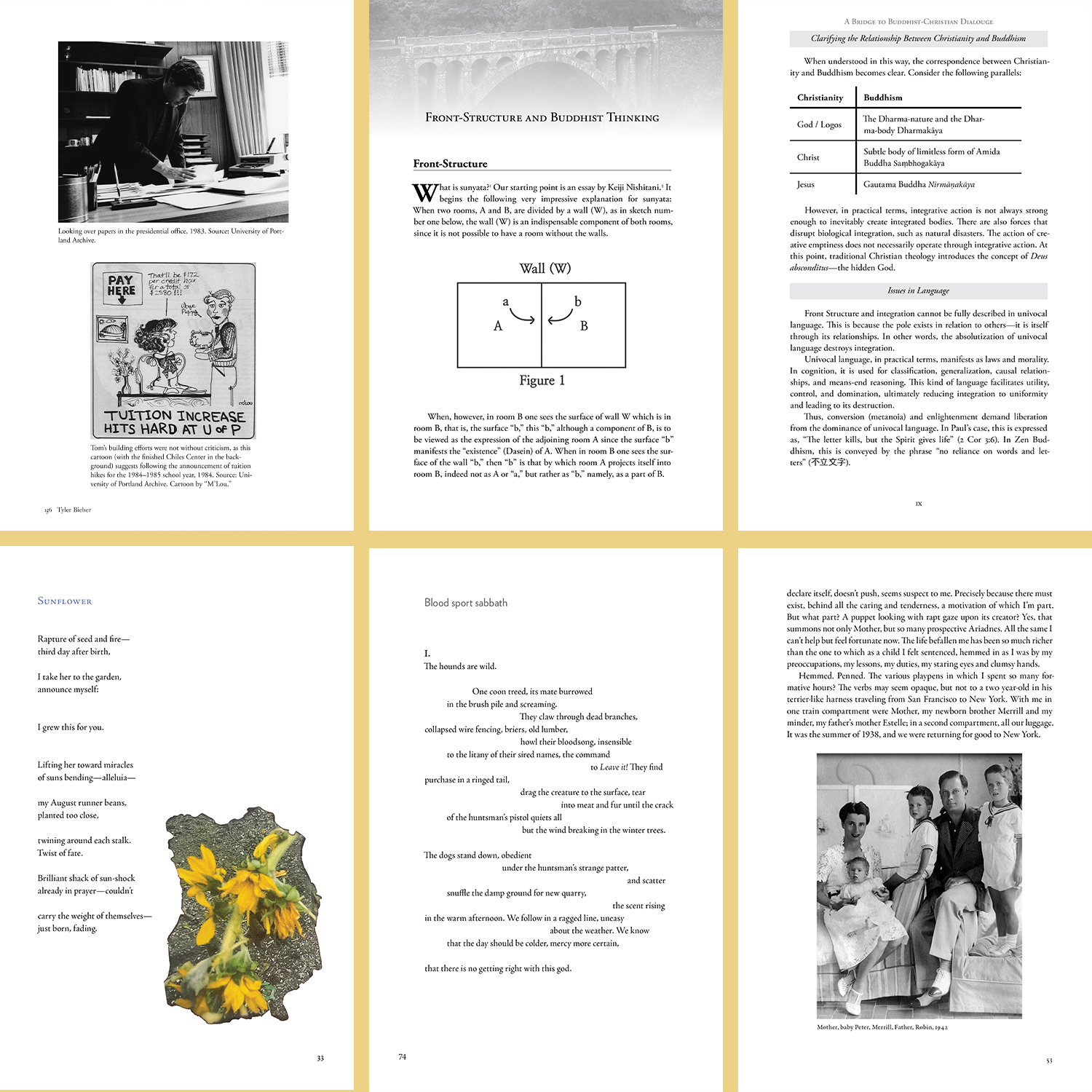A collage of pages from a book or magazine, including text, diagrams, and black-and-white photographs. The top left corner shows a woman working at a desk, and the bottom right corner features a family portrait of a mother and children in vintage attire.