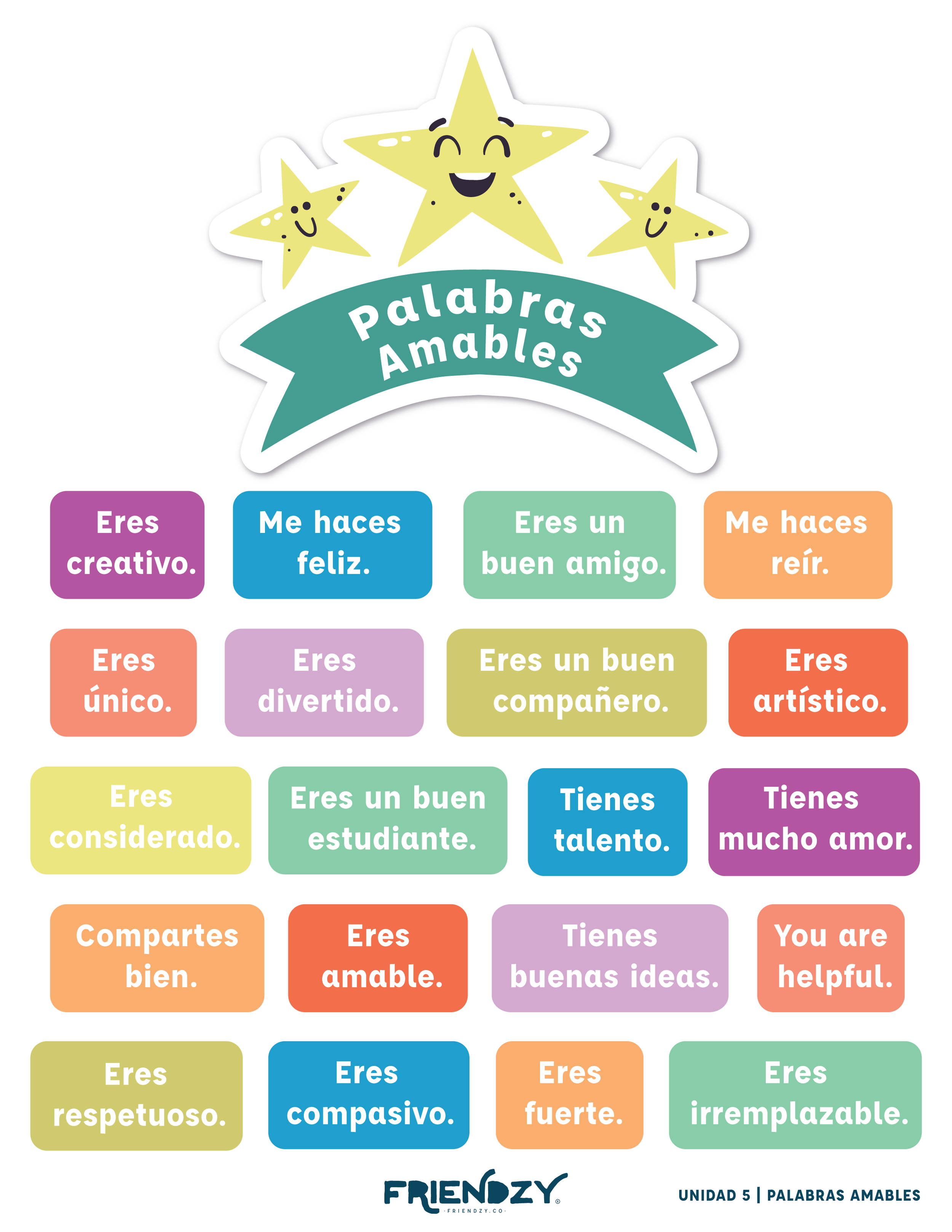Colorful poster with animated stars and positive affirmations in Spanish, titled 'Palabras Amables', featuring phrases describing good qualities and traits.