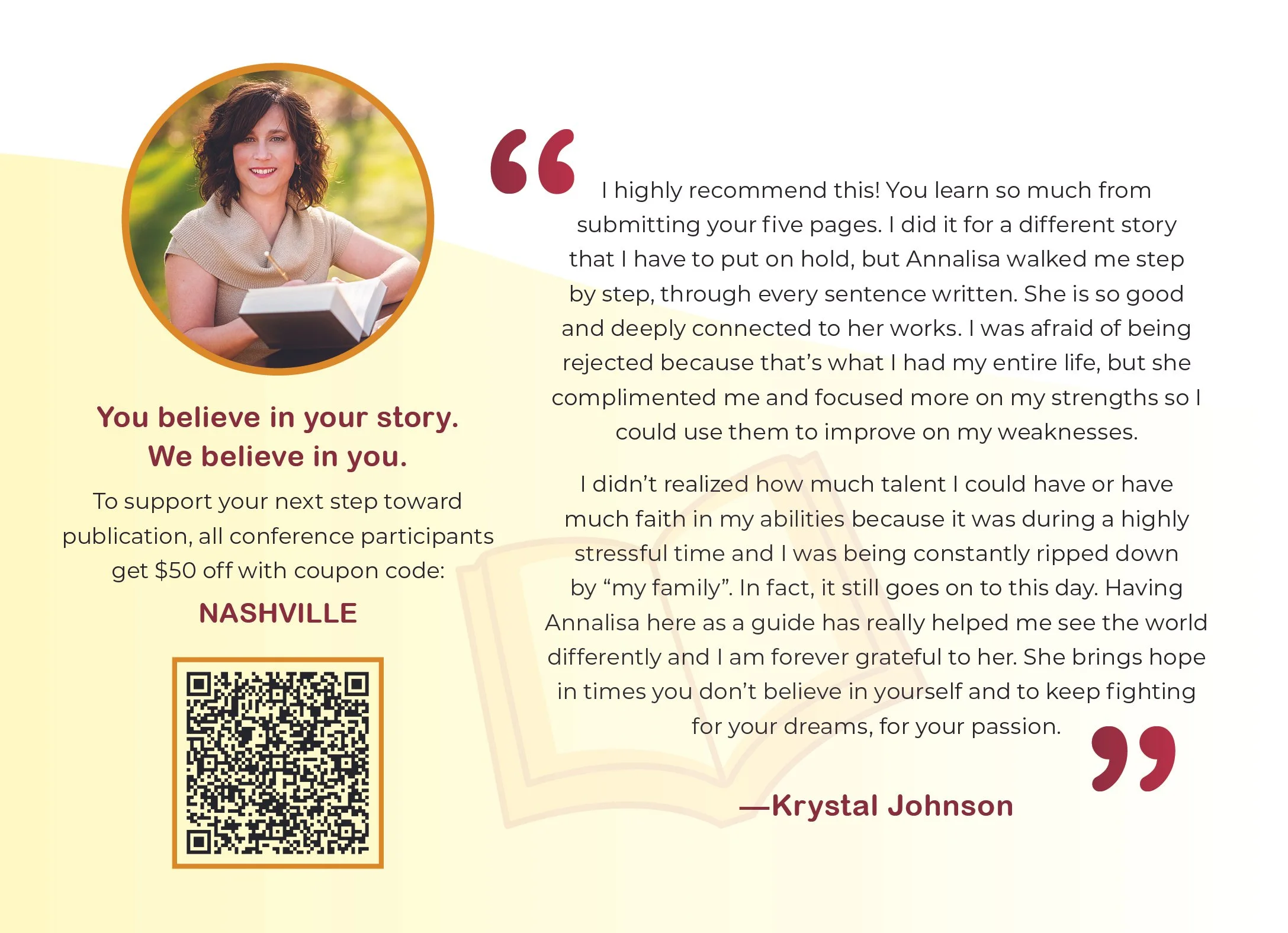 A promotional flyer featuring a woman with curly brown hair, wearing a beige top, holding a book. The flyer has a quote praising Annalisa, offers a discount with a coupon code 'NASHVILLE', and includes a QR code for more information. The background is light with a subtle book illustration.