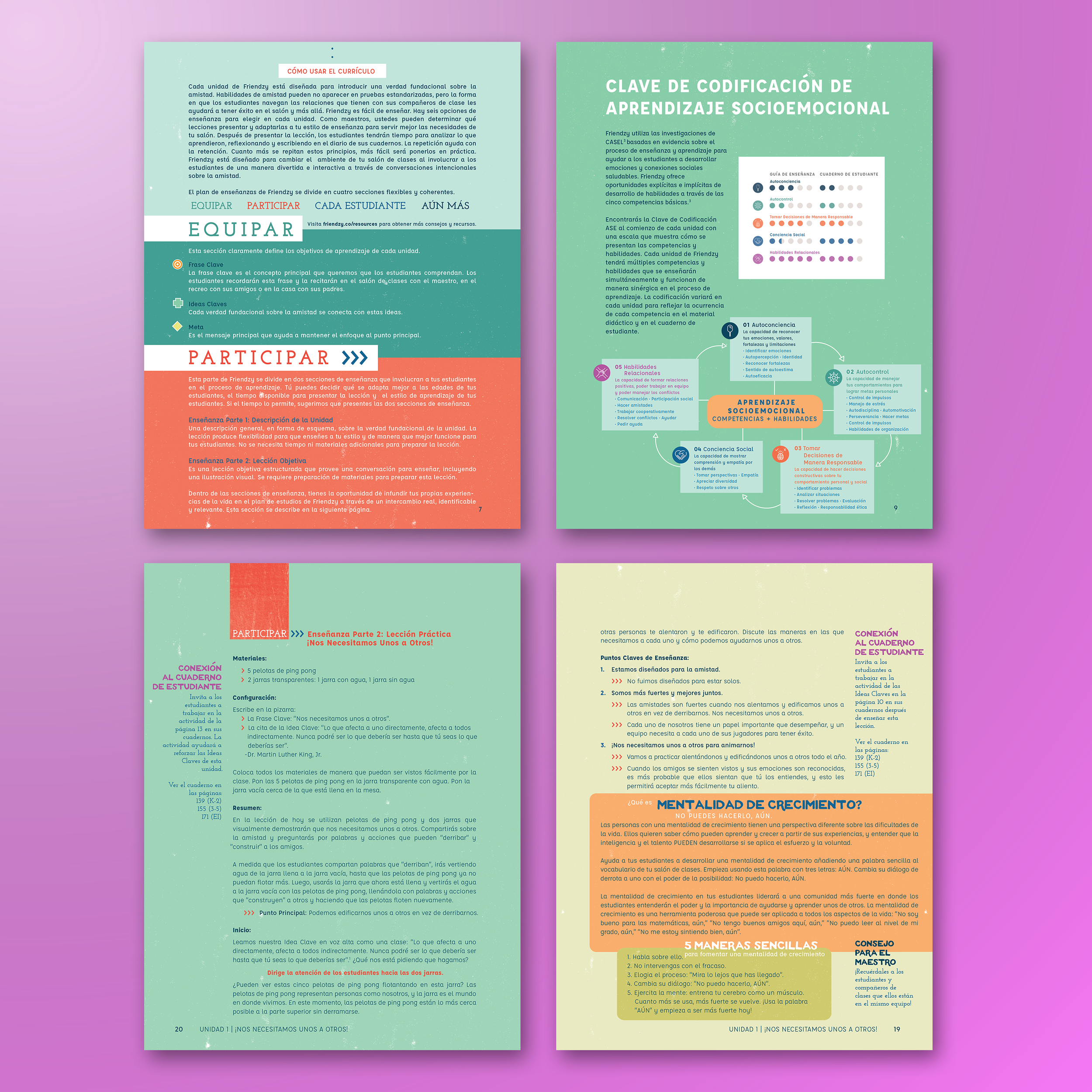 FRIENDZY CHARACTER CURRICULUM TEACHING GUIDES (SPANISH EDITION). My main body of work with Friendzy as a lead Spanish translator. I translated and designed all of the Spanish curriculum, and these pages here are from Friendzy's teaching guides, full 
