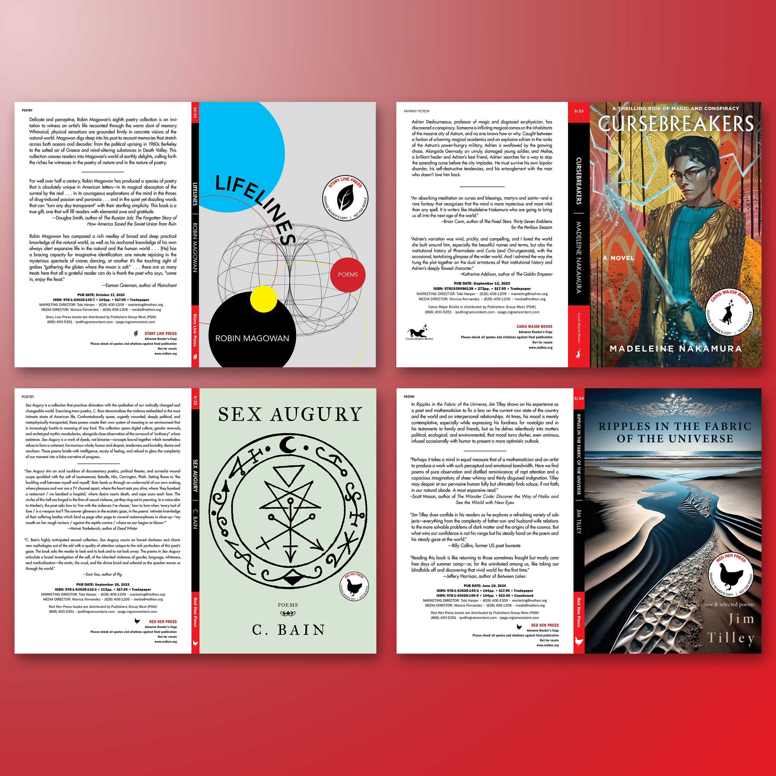 RED HEN PRESS GALLEYS. The covers were created by incredibly talented artists and designers; however, I enjoyed the production work, like creating the galleys in accordance with RHP’s brand guidelines.