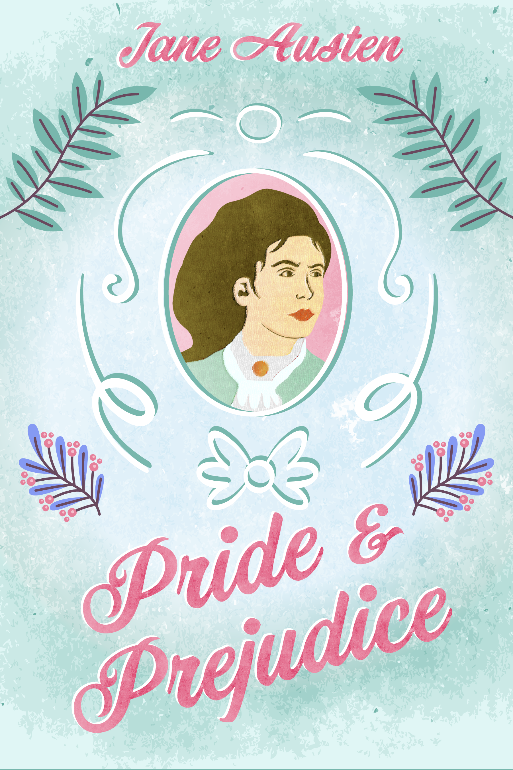 Book cover featuring an illustrated portrait of Jane Austen surrounded by decorative elements, with the title 'Pride & Prejudice' and Jane Austen's name at the top.