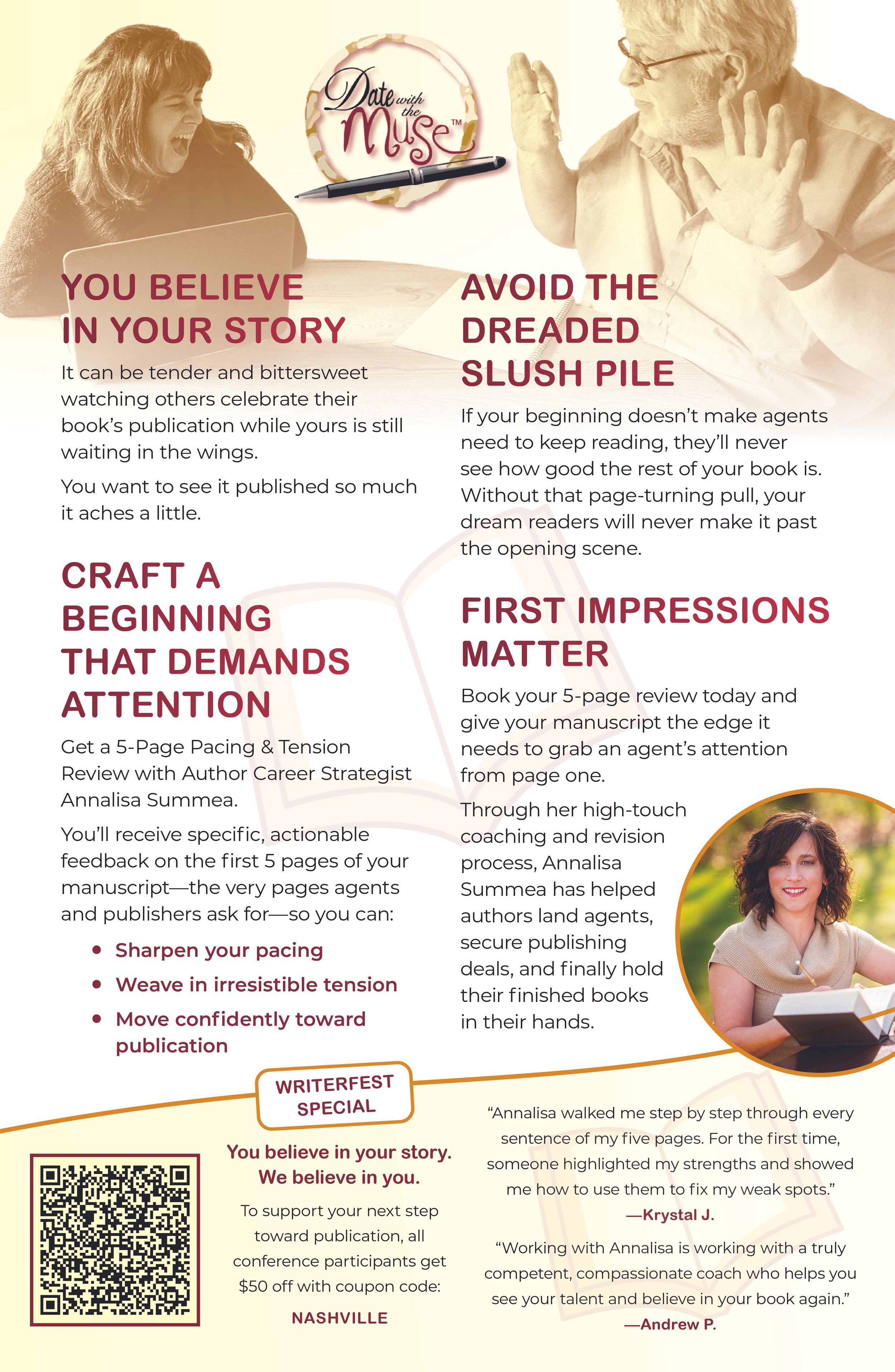 A woman and an elderly man interact playfully at a table, smiling and gesturing. The image is part of a promotional flyer for a book publishing support event, featuring text about crafting a story, avoiding common pitfalls, and gaining positive first impressions. The flyer includes a logo for 'Date with the Muse,' a quote from an author, and a QR code for a special discount at the bottom.