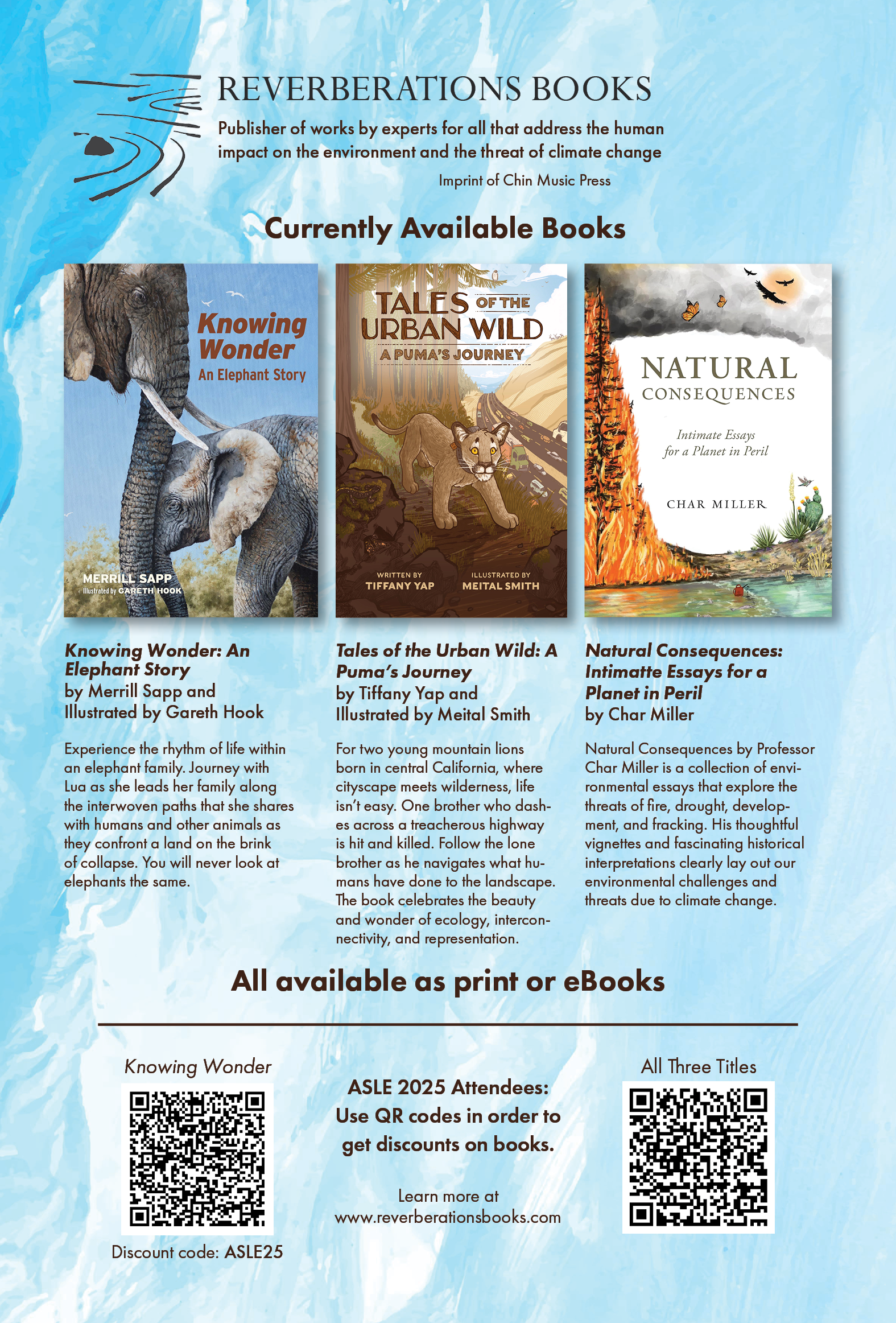 Flyer for Reverbations Books showcasing three titles: 'Knowing Wonder: An Elephant Story' by Merrill Sapp, 'Tales of the Urban Wild: A Puma's Journey' by Tiffany Yap, and 'Natural Consequences: Intimate Essays for a Planet in Peril' by Char Miller, with descriptions, QR codes, and promotional information.