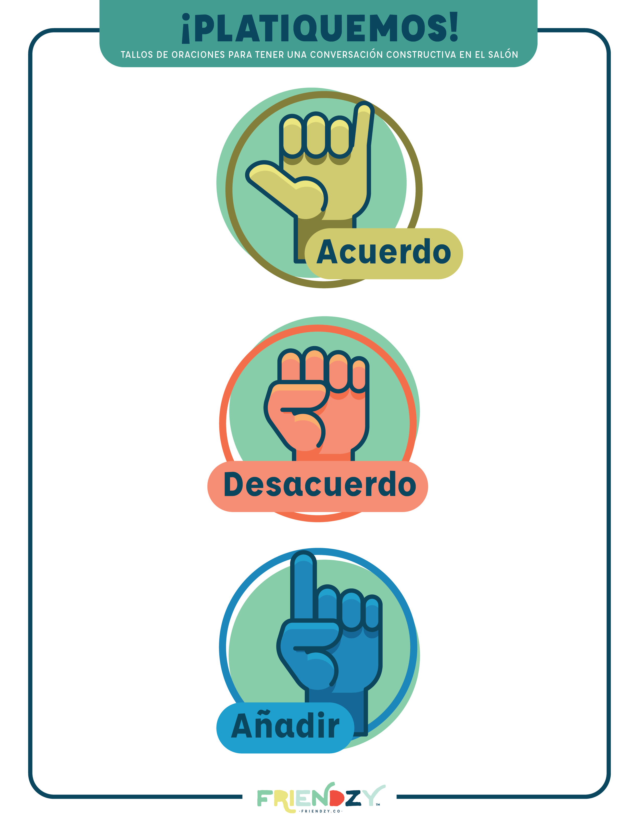 Poster titled ¡PLATIQUEMOS! with illustrations of hand gestures indicating agreement, disagreement, and adding, labeled with Spanish words 'Acuerdo,' 'Desacuerdo,' and 'Añadir' respectively, promoting constructive conversation in the salon.