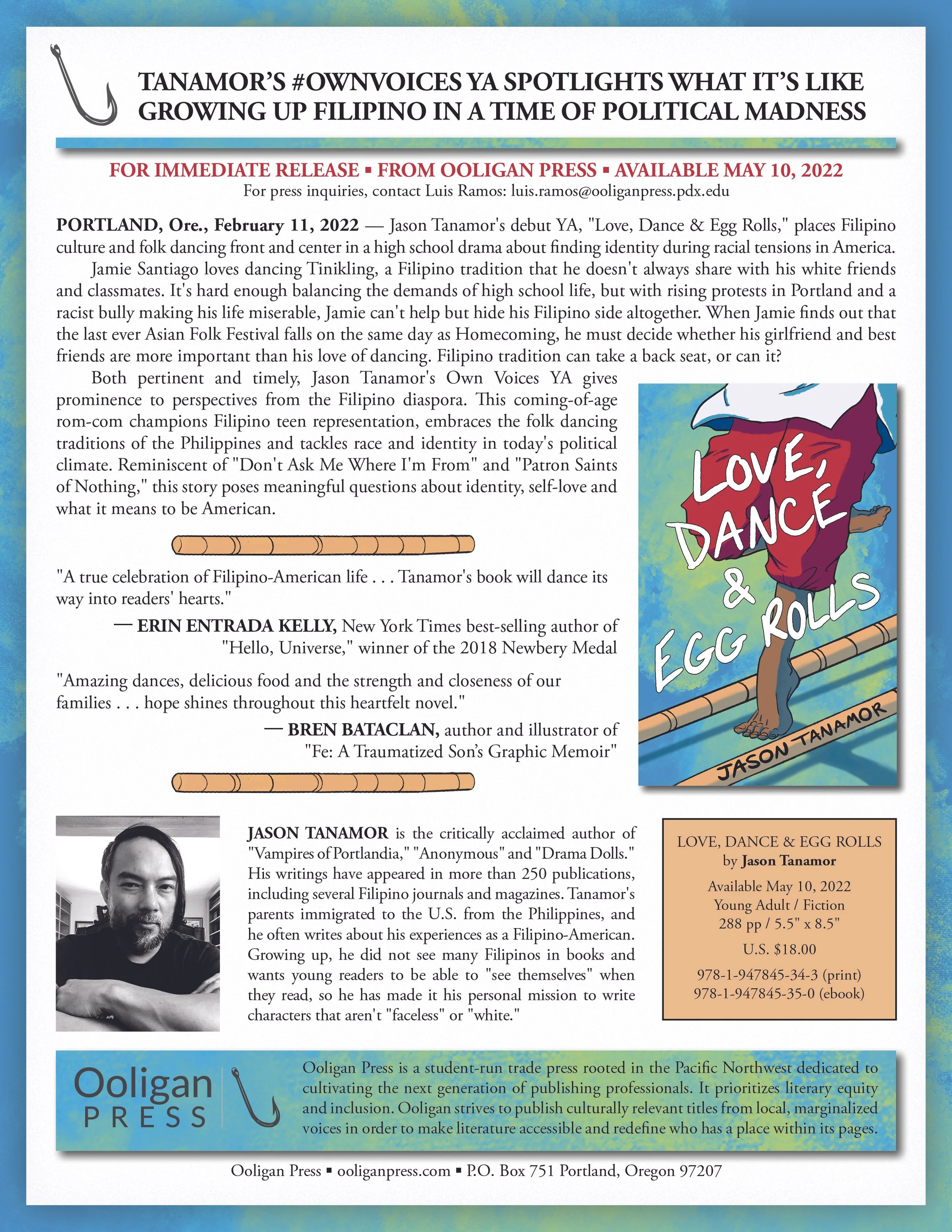 Press release from Ooligan Press announcing the release of Jason Tanimor's book "Love, Dance & Egg Rolls," including a cover image, publication details, author information, and quotes from reviewers.