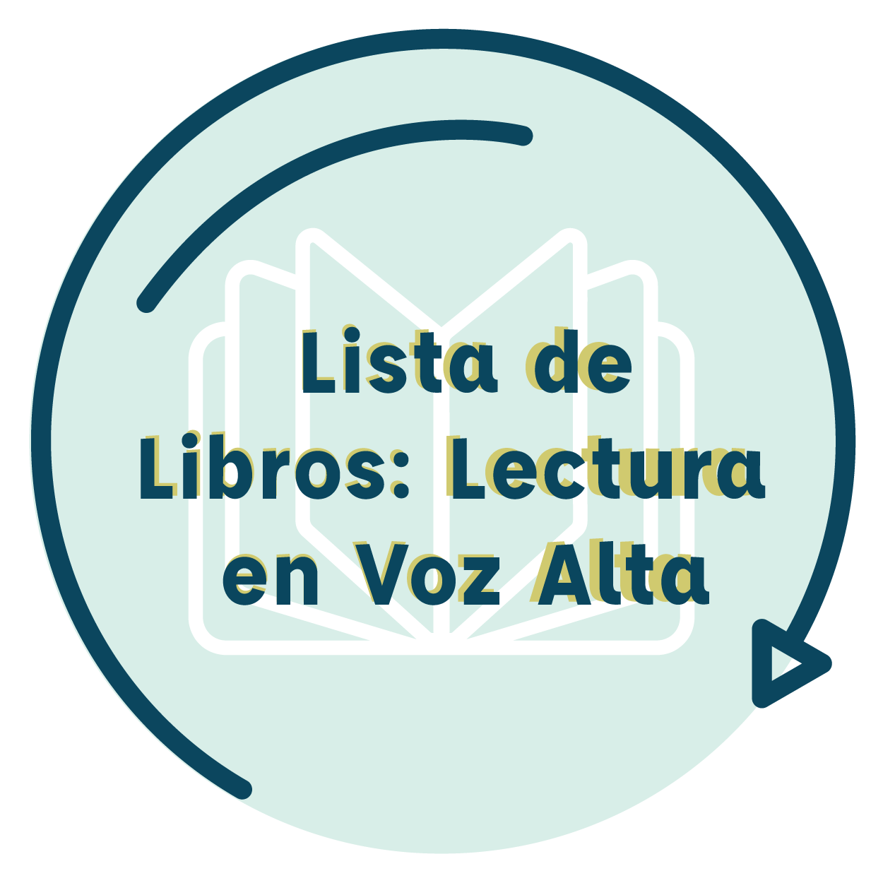 A circular graphic with an open book outline in the background and a surrounding arrow, containing text that reads 'Lista de Libros: Lectura en Voz Alta' in Spanish, indicating a list of books for read-aloud sessions.