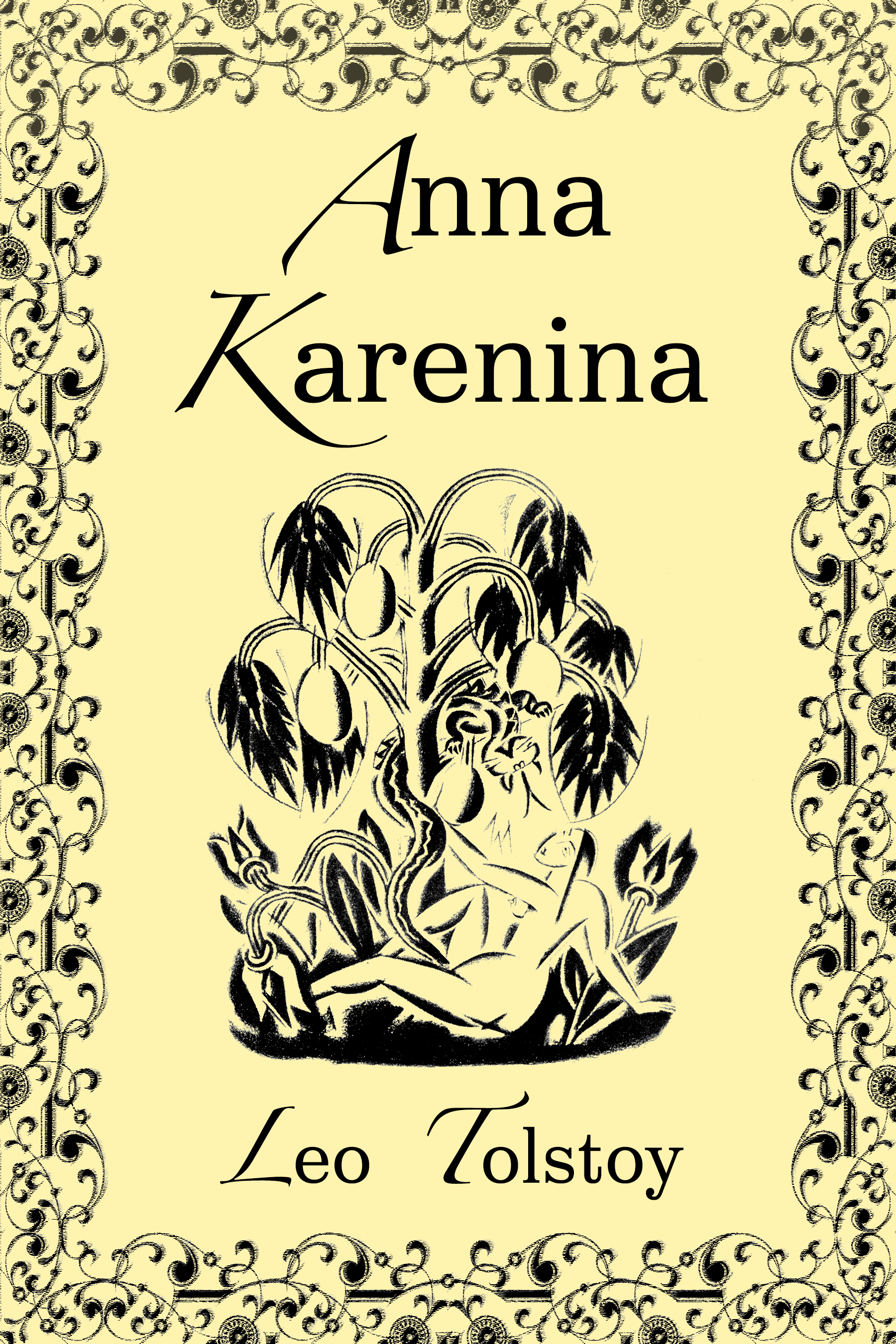 Cover of the book 'Anna Karenina' by Leo Tolstoy, featuring a black and white illustration of a woman sitting under a tree with hanging fruits, surrounded by a decorative floral border.