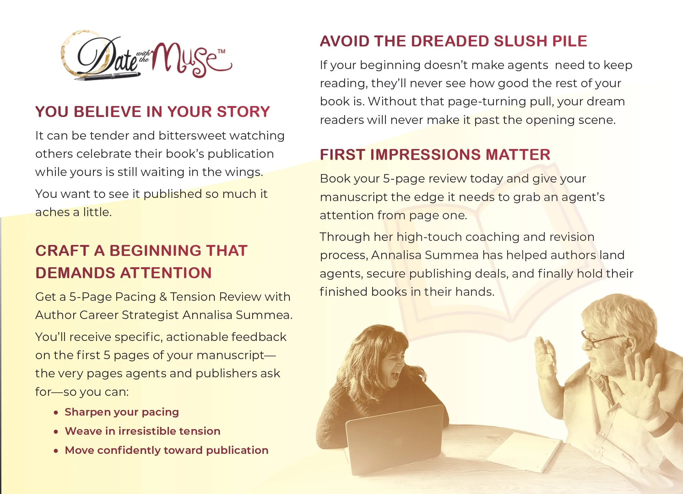 Magazine page with book publishing advice, featuring a woman and a man at a table, illustrations, and text in maroon, black, and beige.