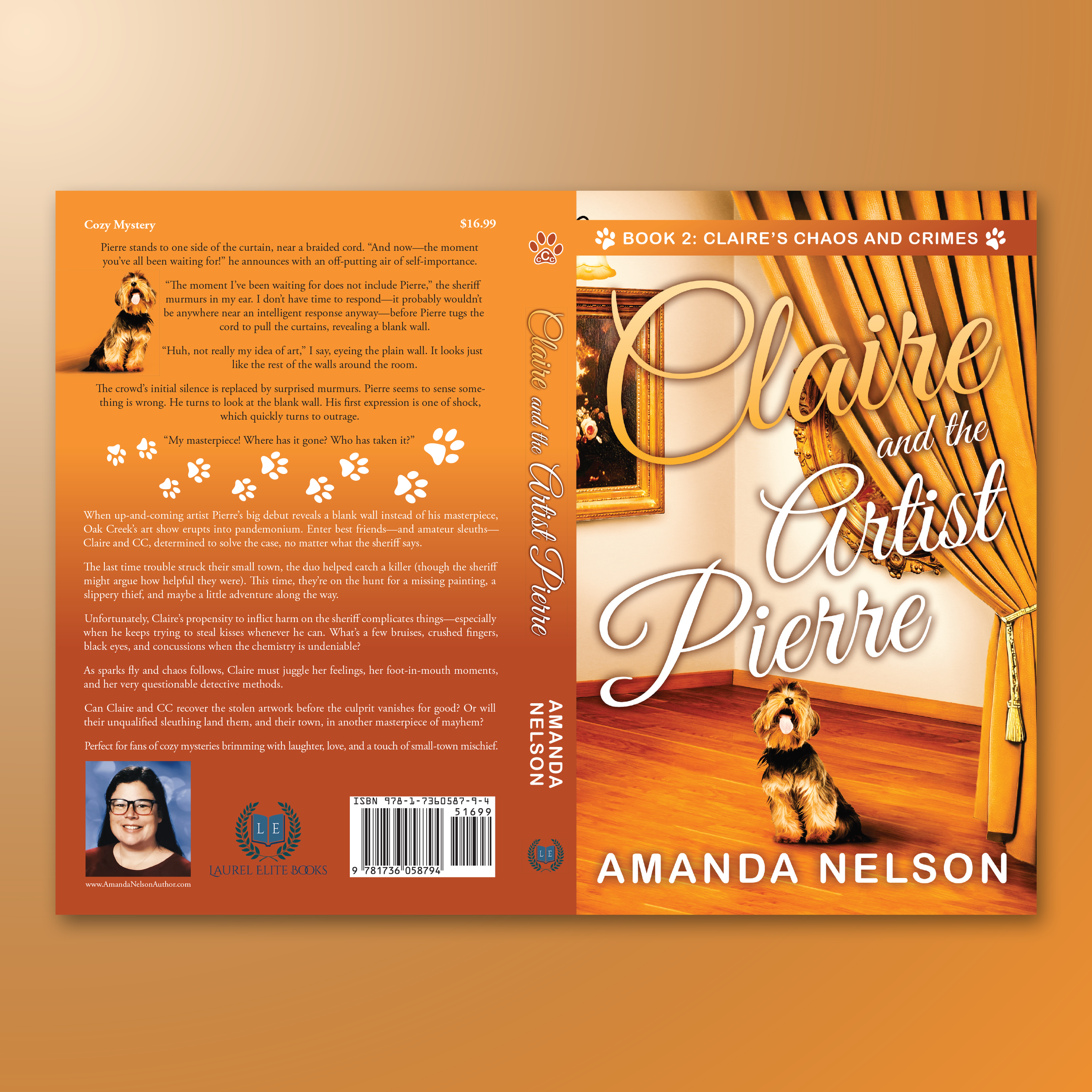 CLAIRE AND THE ARTIST PIERRE. Book 2 in Amanda Nelson’s Claire's Chaos and Crimes series. The cover needed to clearly signal “cozy mystery” while maintaining the same type of dog and overall feel as Amanda’s first book. We explored many concepts, inc