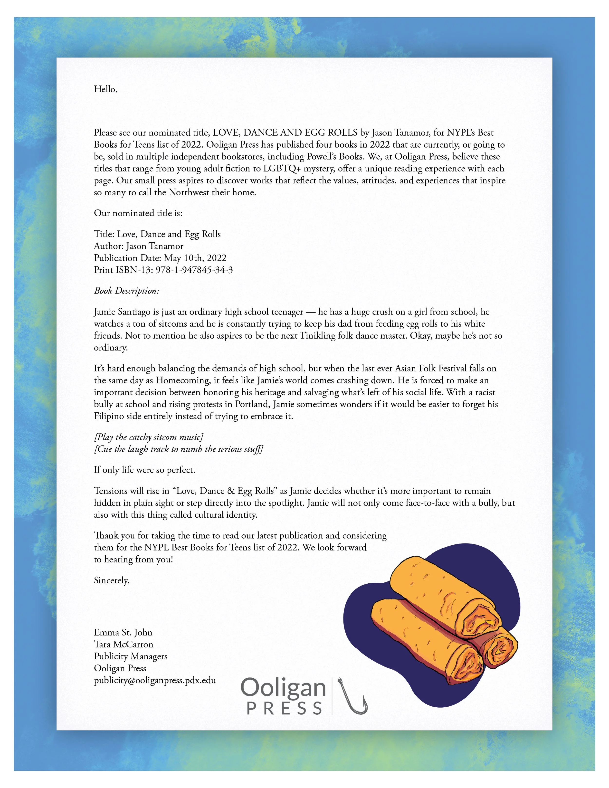 A printed letter on a colorful background with an illustration of three egg rolls and a small hook in the bottom right corner. The letter discusses a book nomination and publication details.