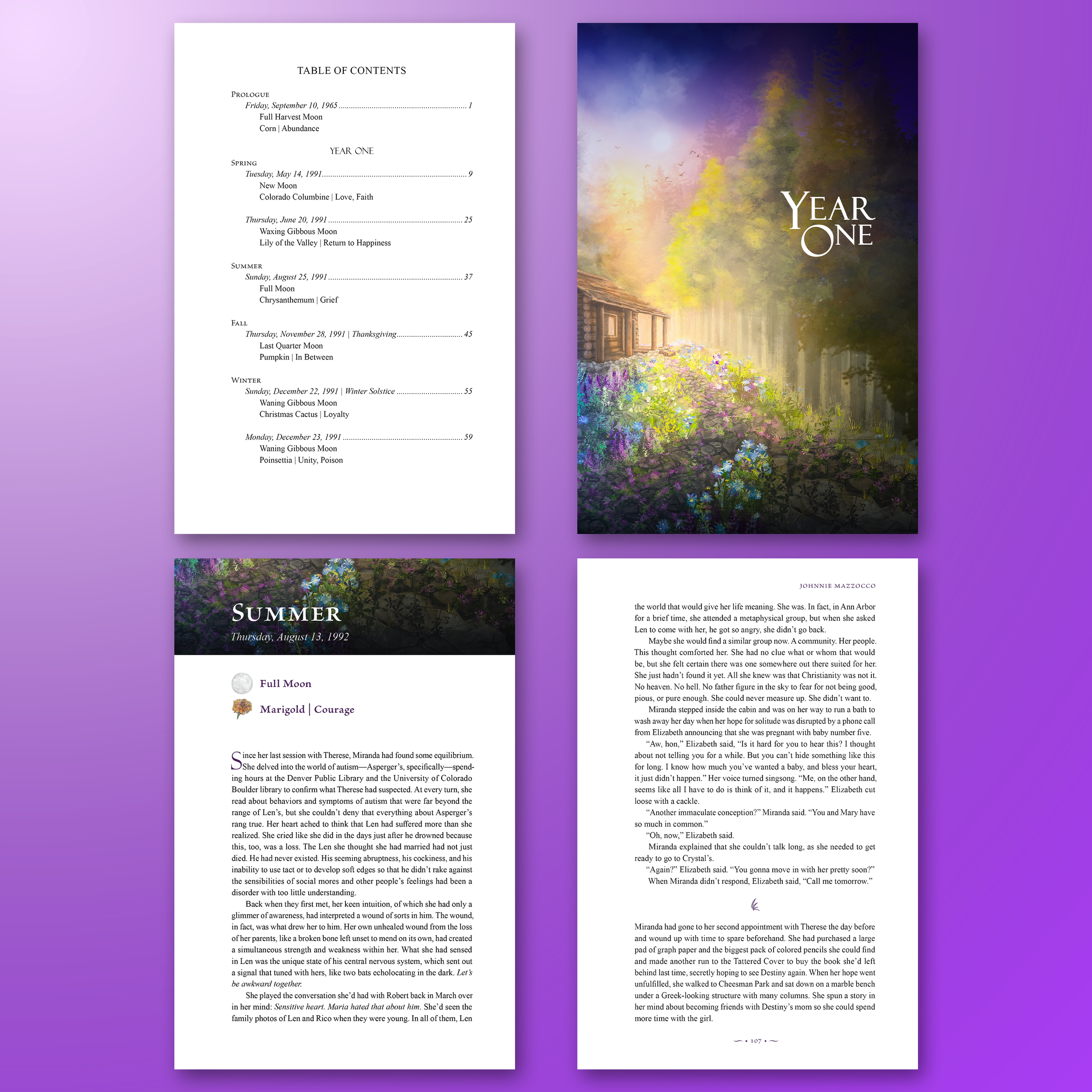 MIRANDA'S GARDEN. A four color interior that had over 90 illustrations of moons and flora. Every chapter started with a corresponding moon cycle and a corresponding harvest, and I used Lulu Chen's original front cover artwork to design the section an