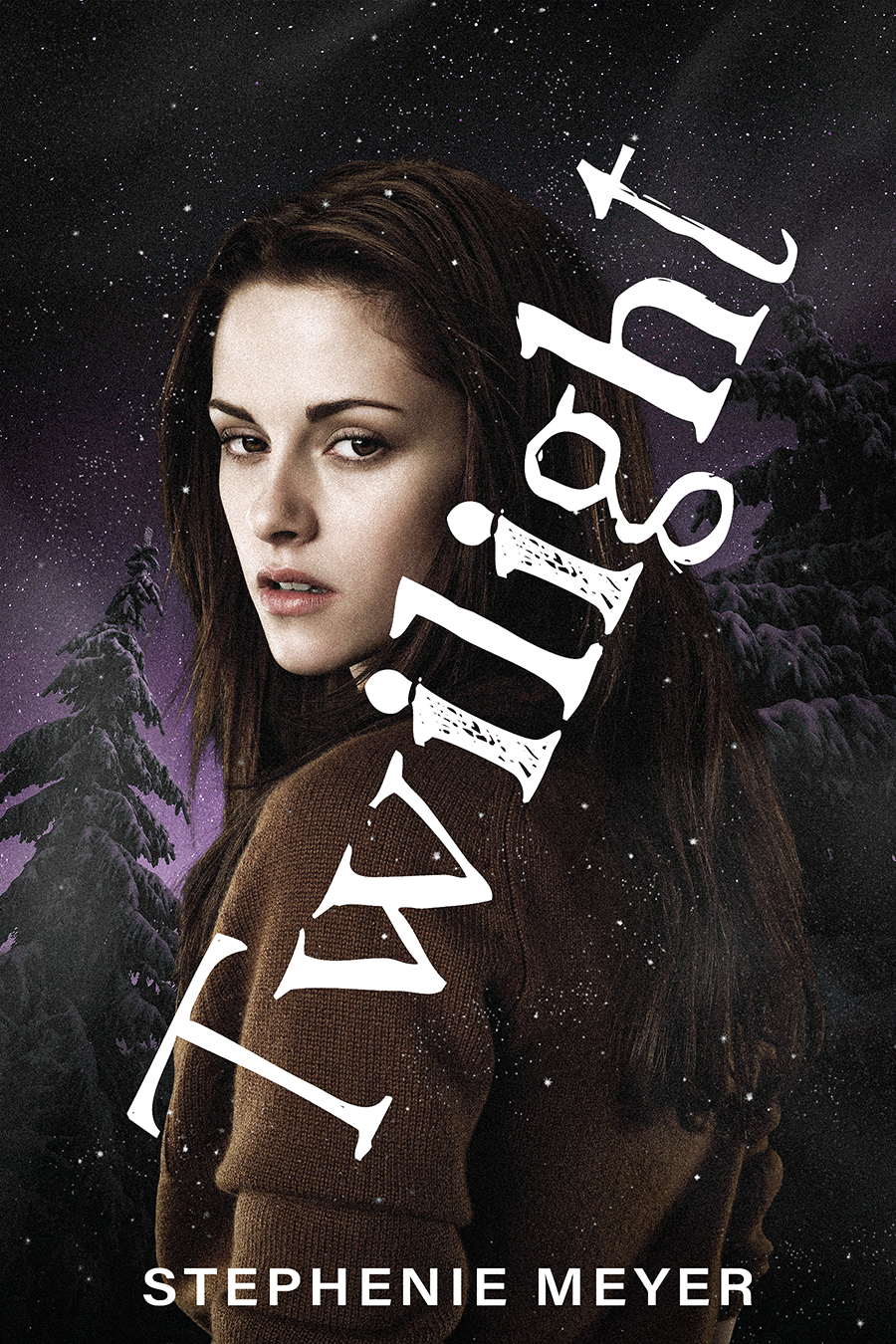 Book cover for "Winter" by Stephenie Meyer featuring a woman with long brown hair and a serious expression, against a starry night sky with snow-covered trees.