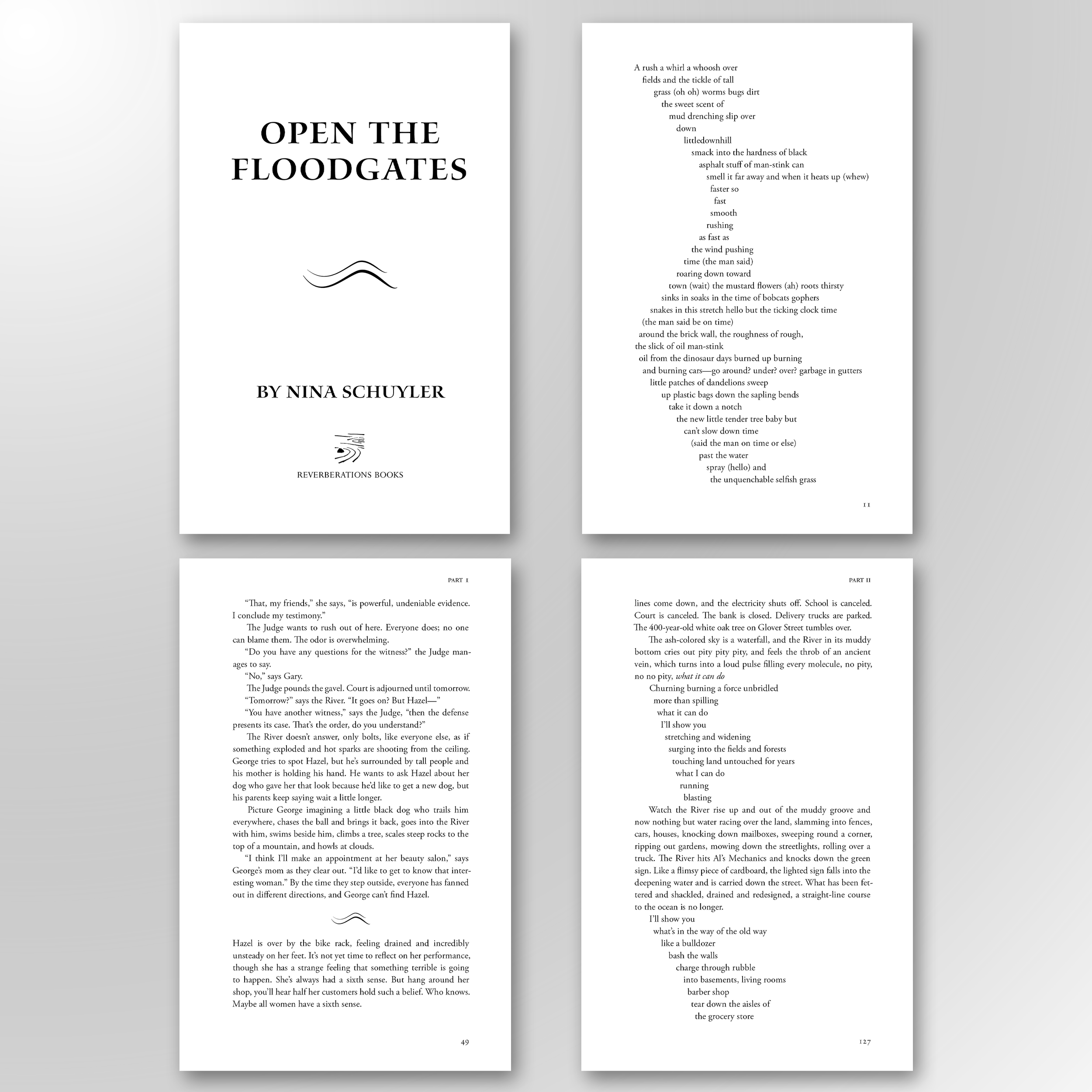 OPEN THE FLOODGATES. An experimental interior. It's prose is traditional while the  river's thoughts and dialogue flow like a 
poem, like a river. This is a book worth reading and is an excellent additional to the climate fiction genre. 