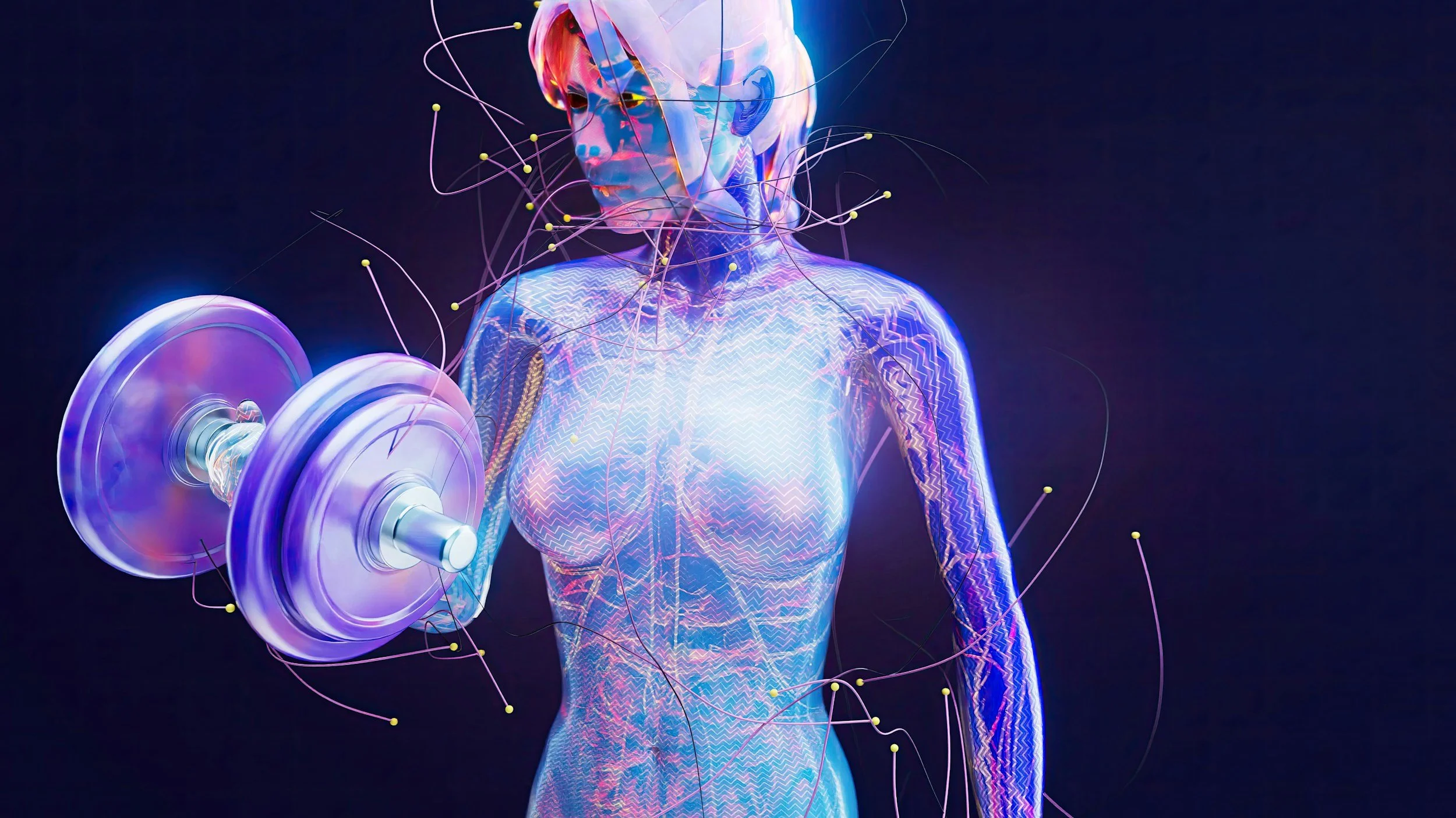 A digital illustration of a futuristic woman lifting a dumbbell, with glowing, holographic textures and lines, against a dark background.