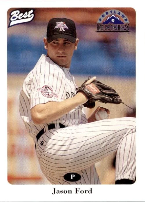 A young baseball player in a Rockies uniform and baseball cap, holding a baseball in his right hand and wearing a black baseball glove on his left hand, kneeling on the field. The card features the logos of Denver Rockies and the word 'Best' in the top left corner, with the name Jason Ford at the bottom.
