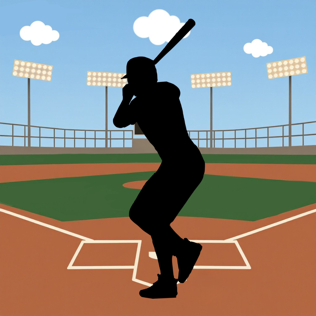 Silhouette of a baseball player at bat on a field with stadium lights and clouds in the sky.