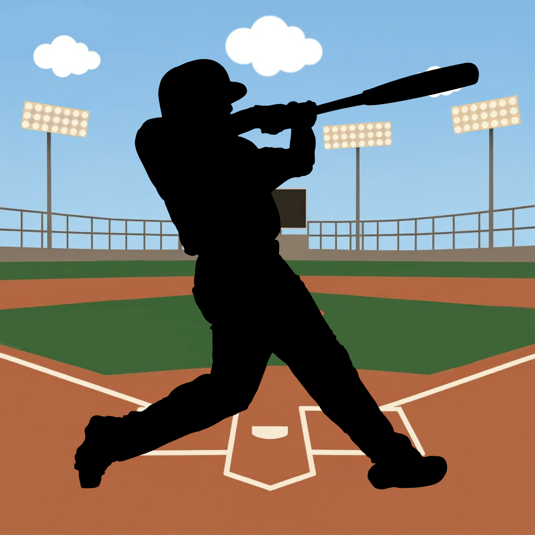 Silhouette of a baseball player swinging a bat at a baseball stadium with floodlights and clouds in the sky.