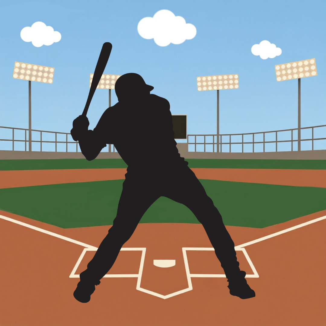 Silhouette of a baseball player at home plate, preparing to bat, on a baseball field with stadium lights and sky with clouds.