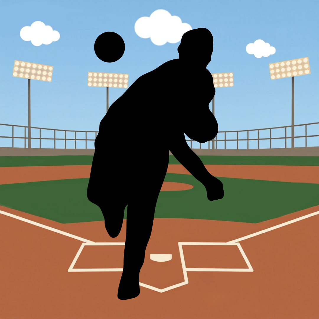 Silhouette of a baseball player running on a baseball field during daytime with stadium lights and clouds in the sky.