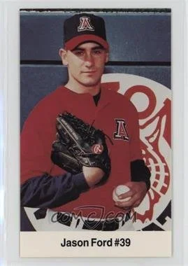 Young baseball player Jason Ford in a red Arizona Wildcats uniform holding a baseball and glove in front of a team logo background.