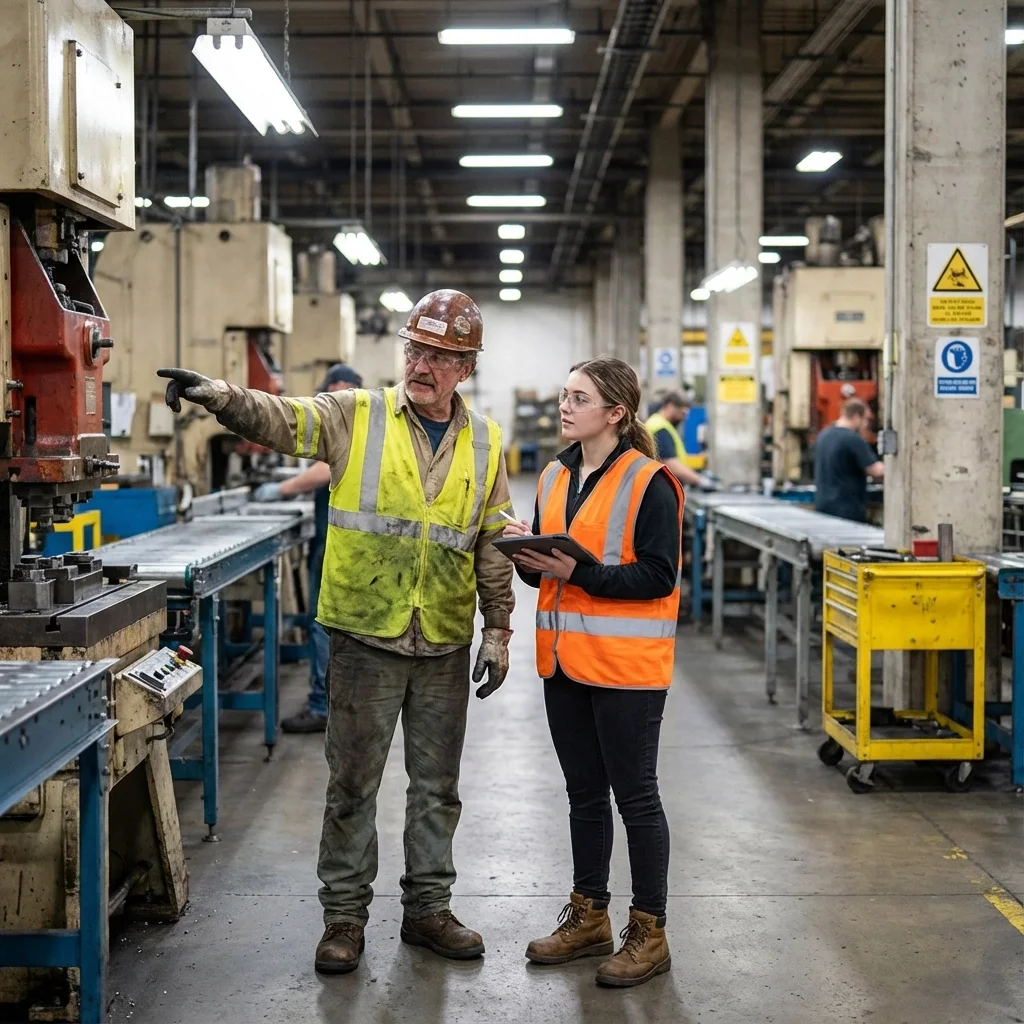 Safety leader conducting floor audit with production worker in active manufacturing facility
