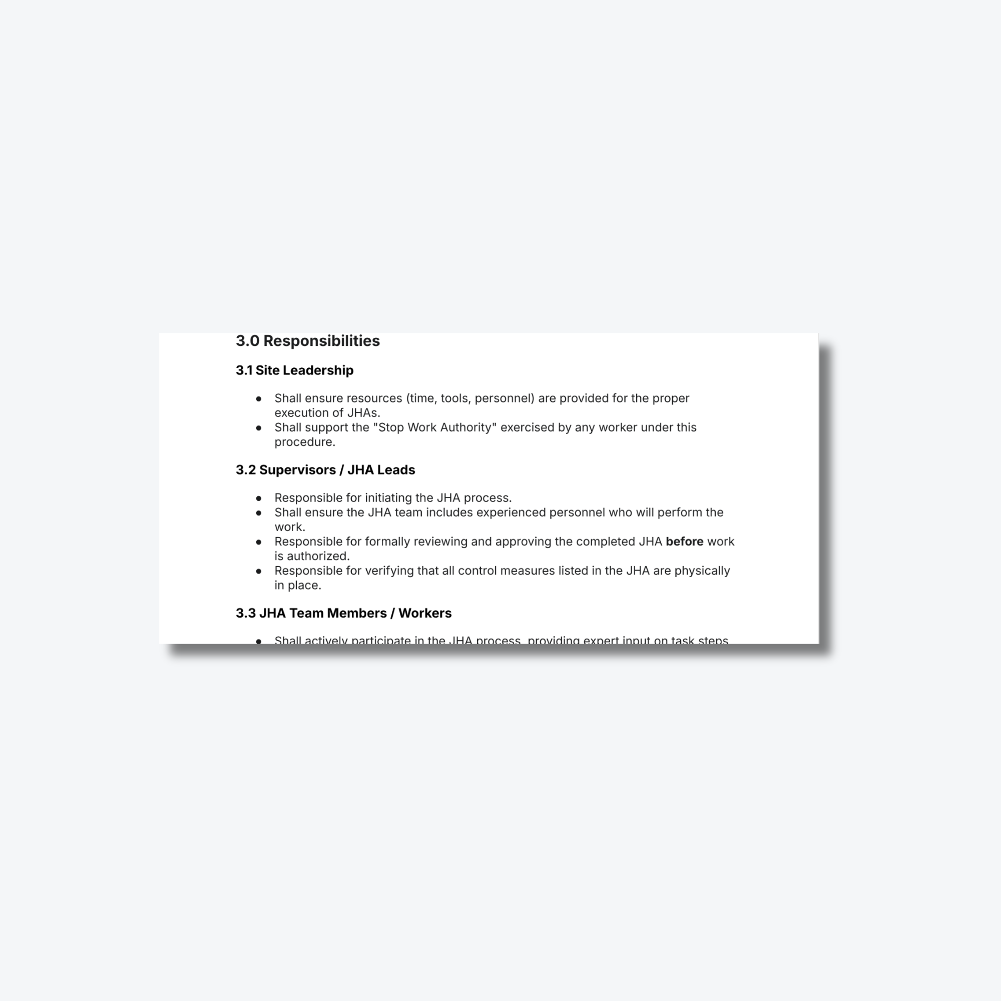 Job Hazard Analysis (JHA) Word Template with quantitative Risk Assessment Matrix (Severity x Likelihood) and Team Responsibilities