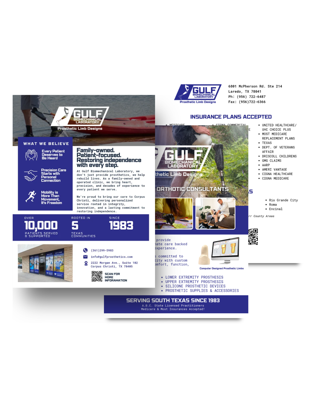 Two overlapping flyers for Gulf Biomechanical Laboratory, a prosthetic limb and orthotic clinic, featuring healthcare services, insurance plans, and contact information.