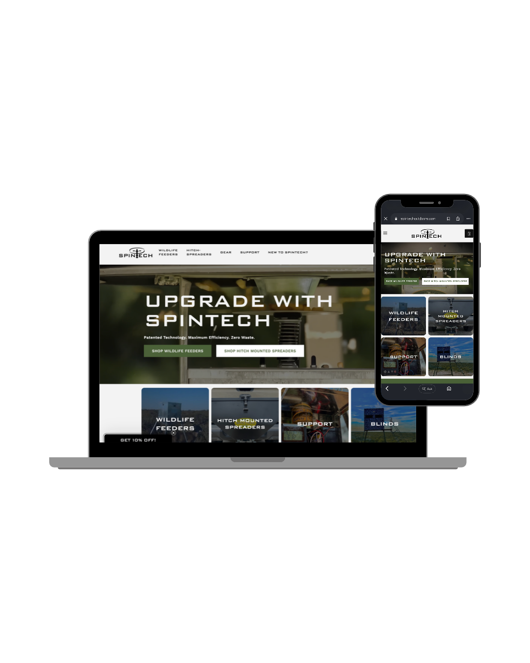 Laptop and smartphone displaying the homepage of Spintech, a website selling wildlife feeders and hitch-mounted spreaders.