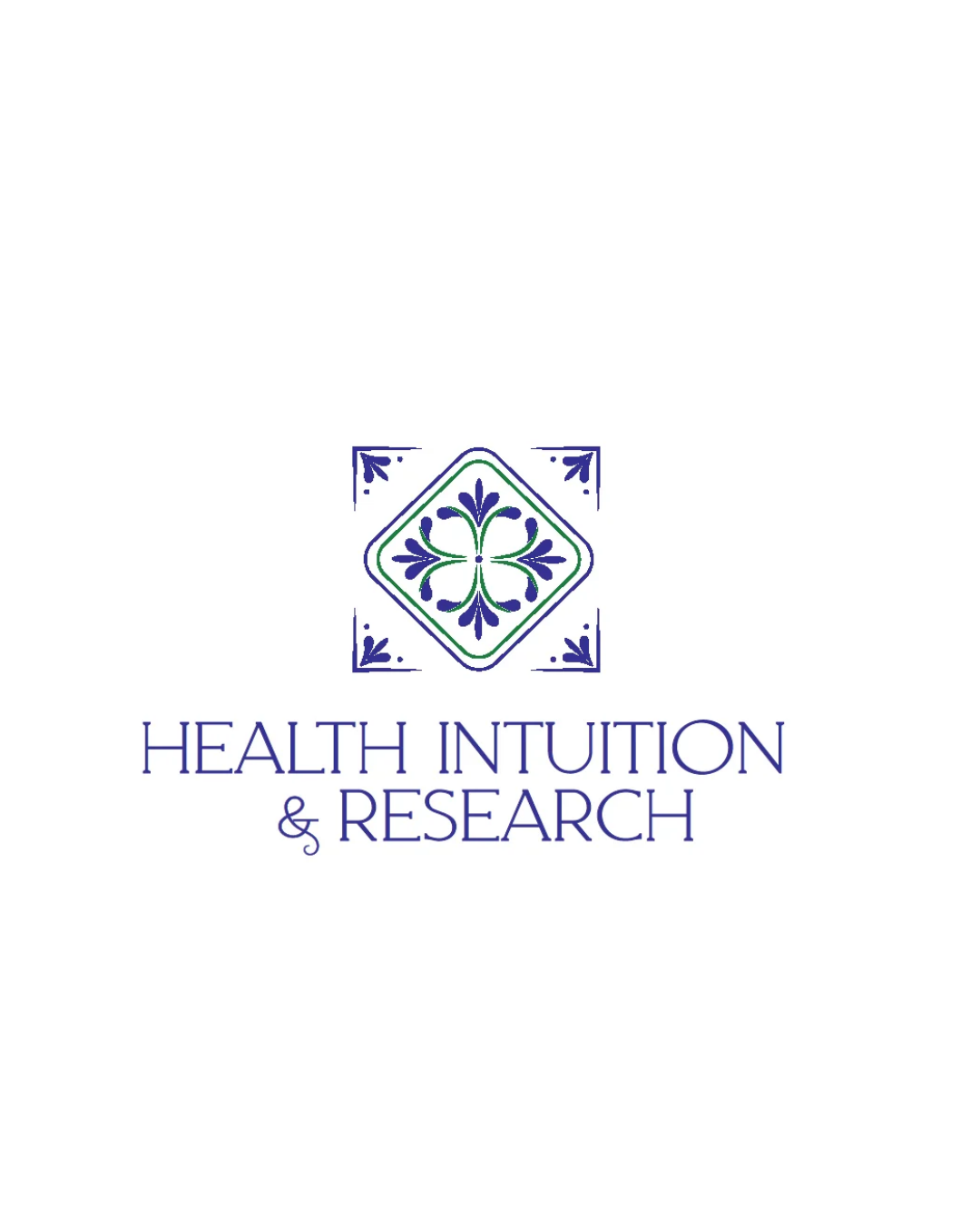 Logo of Health Intuition & Research featuring a decorative floral design in green and blue with the company name below.
