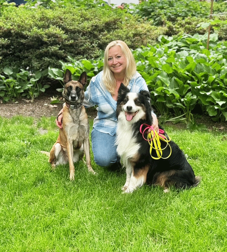 A woman with blonde hair in a blue plaid shirt kneeling on green grass, smiling, with a Belgian Malinois and  a black and white Australian Shepherd sitting beside her, with a background of dense green foliage.