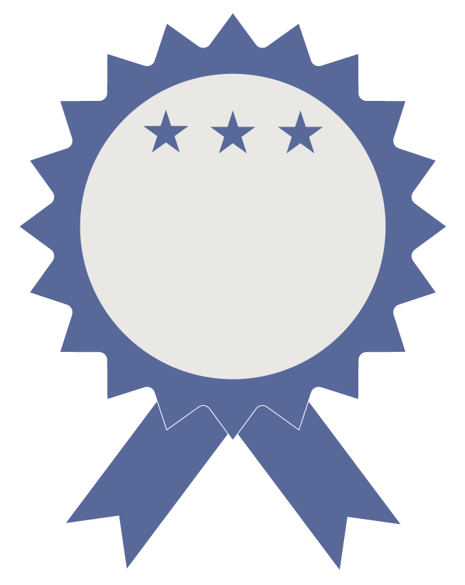 Blue award ribbon with a circular center, three stars at the top, and two ribbon tails hanging down.