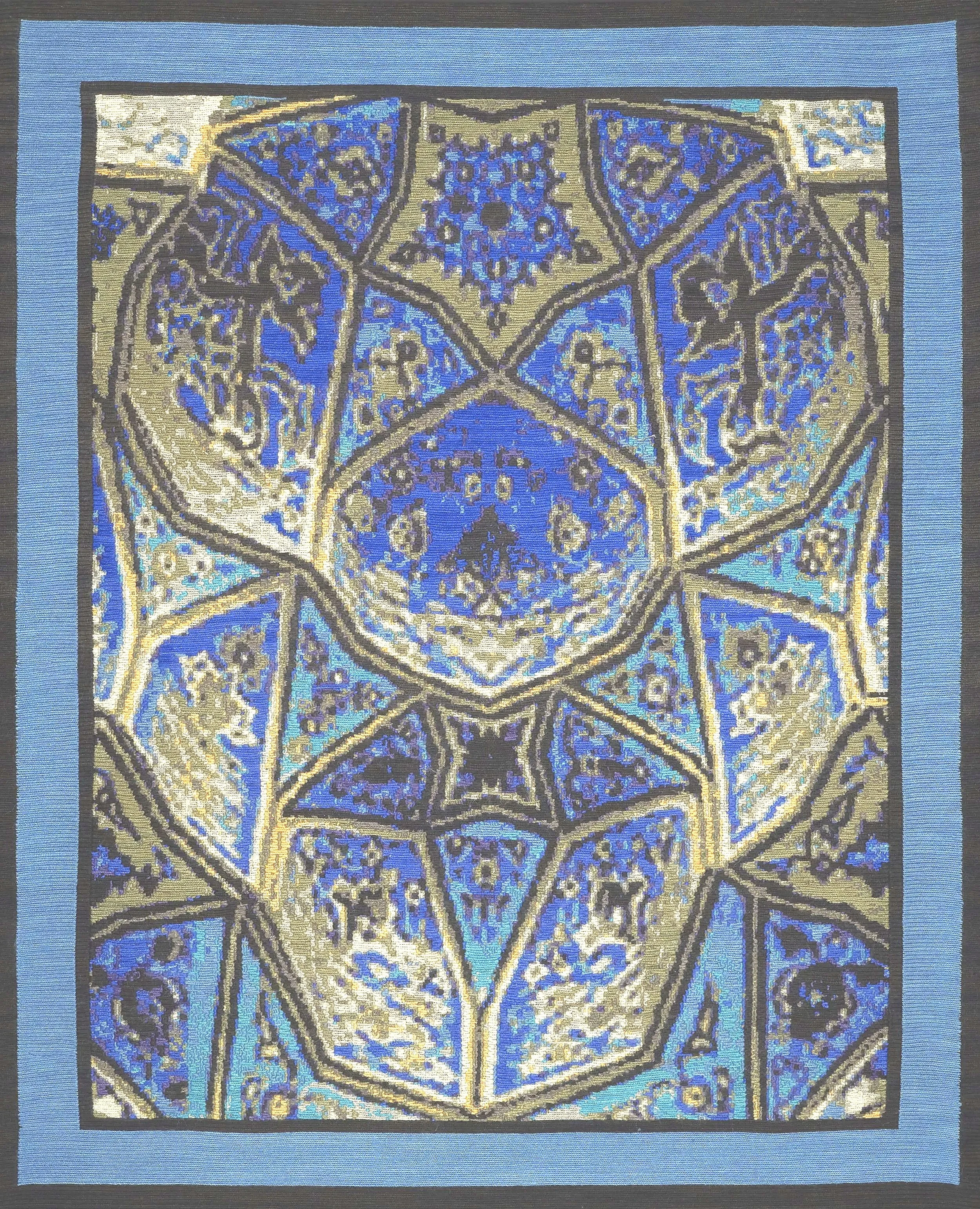 Splendid Entrance:

The inspiration for this tapestry stems from the
magnificent entrance in Isfahan, Iran, adorned with mesmerizing tilework. The archway presents intricate craftsmanship, featuring a symphony of geometric patterns with harmoniously 