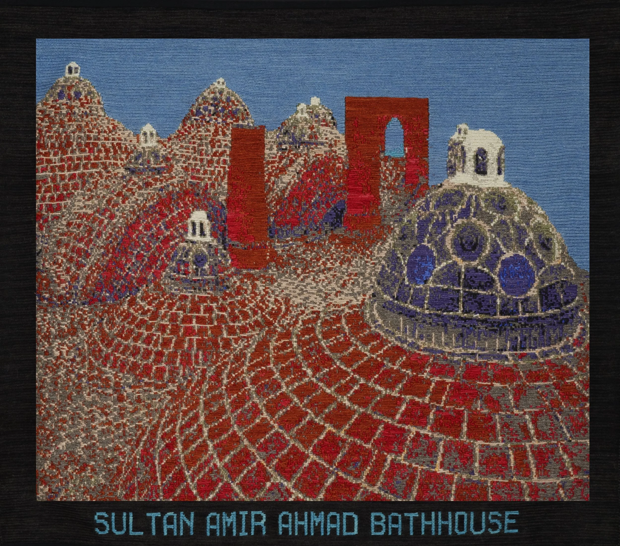 Bathhouse:

Inspired by the rooftop of the Sultan Amir Ahmad Bathhouse in Kashan, Iran, this tapestry echoes the bathhouse’s iconic geometric domes and convex glass apertures. The design pays homage to historic Persian architecture, translating its s