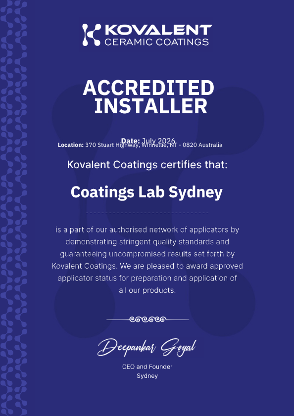 Certificate of accreditation for Coatings Lab Sydney from Kovalent Ceramic Coatings, issued in July 2026