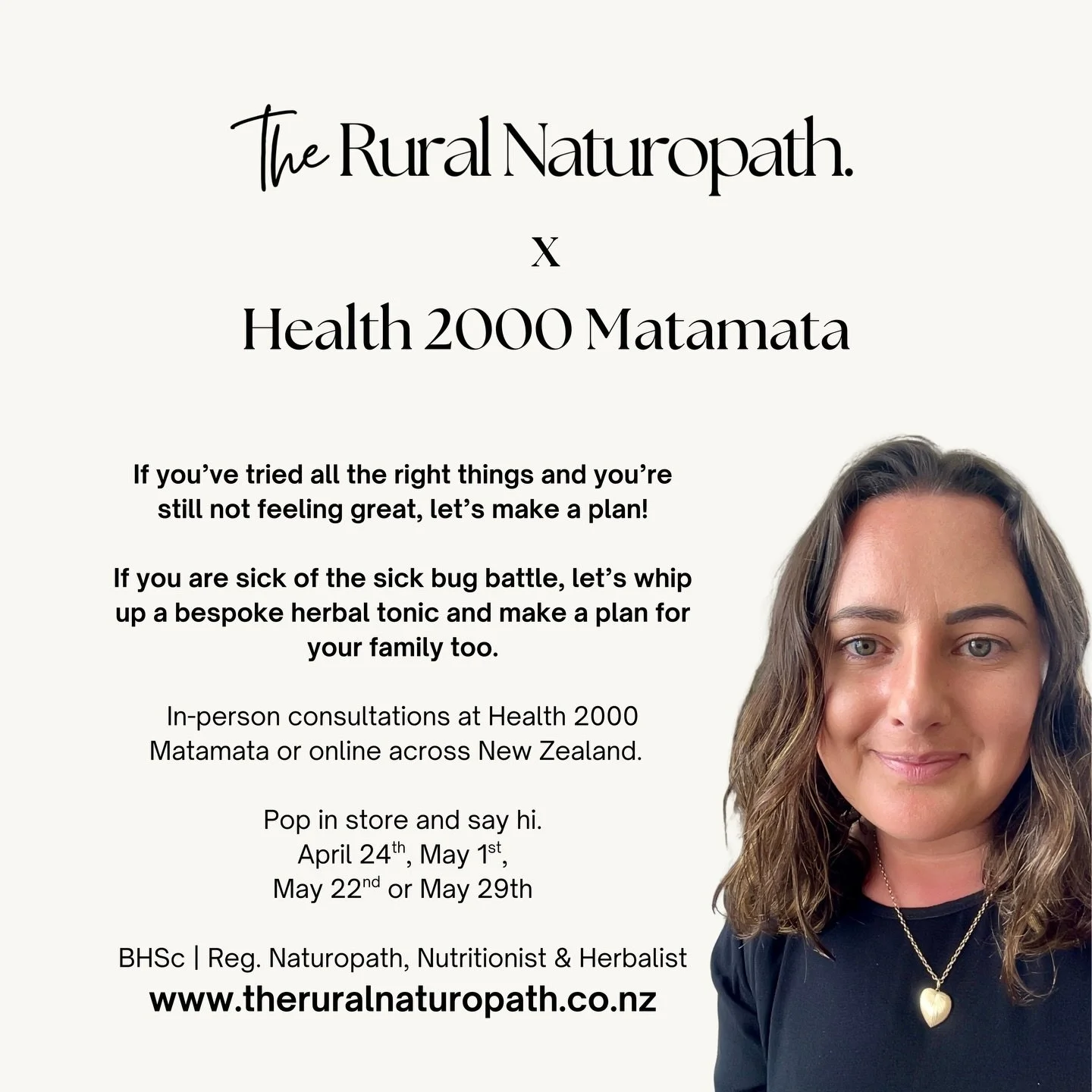 Oh hey there! 

Just a quick update on the days I&rsquo;ll be in clinic at Health 2000 Matamata over the next few weeks.

If you&rsquo;ve been feeling a bit off, the kids keep picking up those pesky seasonal bugs, you&rsquo;re wanting to boost your i