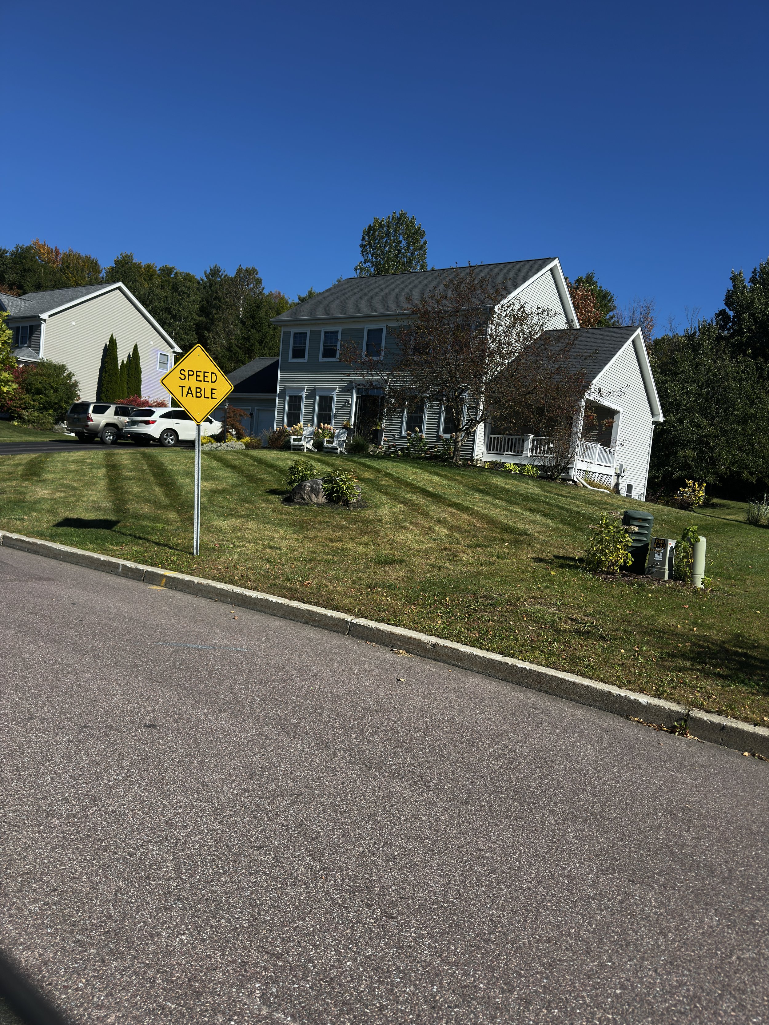 A suburban street with a grassy hill, white house, and a yellow 'Speed Table' sign. Several parked cars are visible, and the sky is clear and blue.