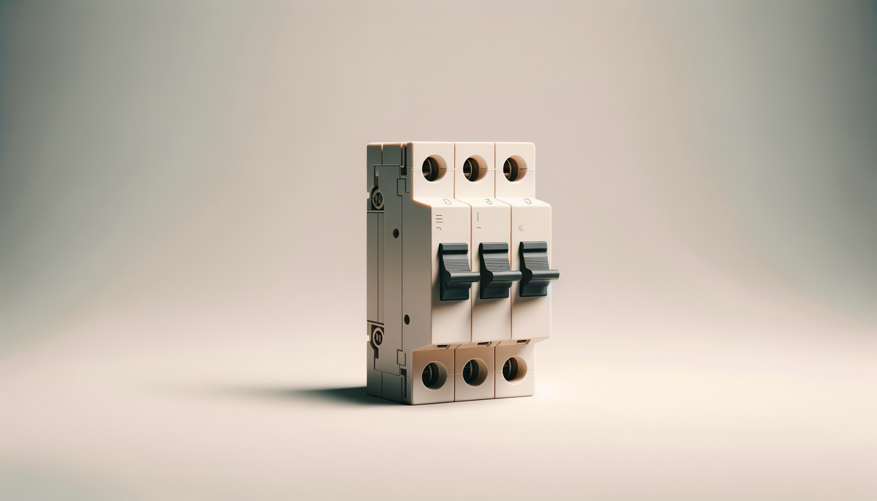 An electrical circuit breaker with three switches on a light-colored surface.