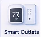 Smart thermostat displaying 72 degrees with a remote control icon, labeled 'Smart Outlets'.